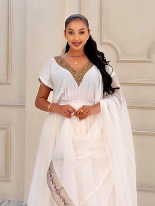 ADY V-NECKLINE ETHIOPIAN DRESS | SHORT SLEEVE HABESHA KEMIS | FESTIVE HABESHA DRESS