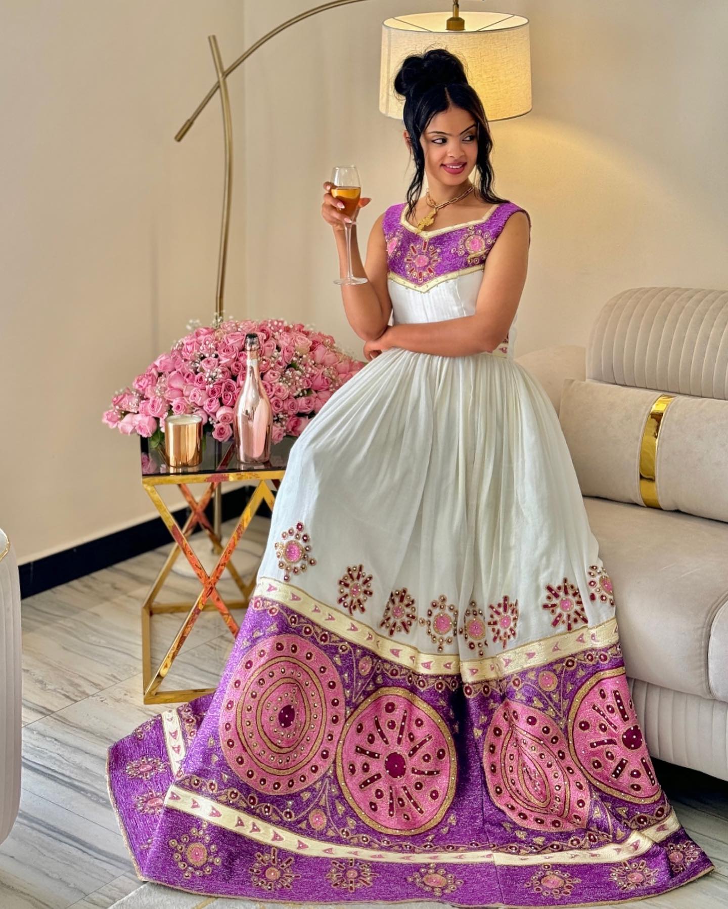 BISRY ETHIOPIAN WEDDING DRESS | PURPLE AND PINK EMBROIDERY HABESHA KEMIS | SLEEVELESS HABESHA DRESS