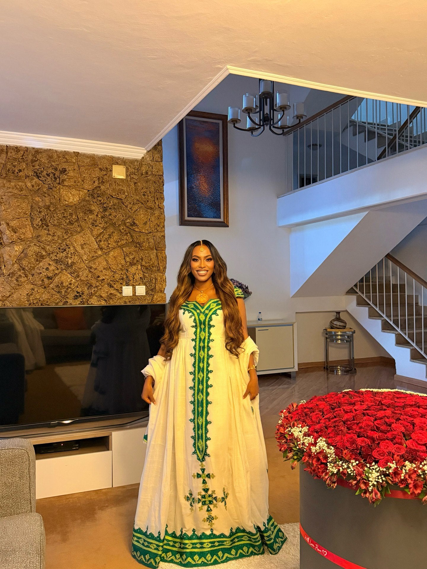 YADA GREEN EMBROIDERY HABESHA DRESS | SHORT SLEEVE HABESHA KEMIS | TRADITIONAL ETHIOPIAN DRESS STYLE