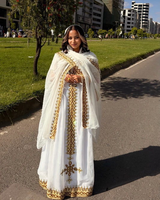 GOLDEN EMBROIDERY HABESHA KEMIS LUXURY HANDWOVEN ETHIOPIAN HERITAGE FASHION