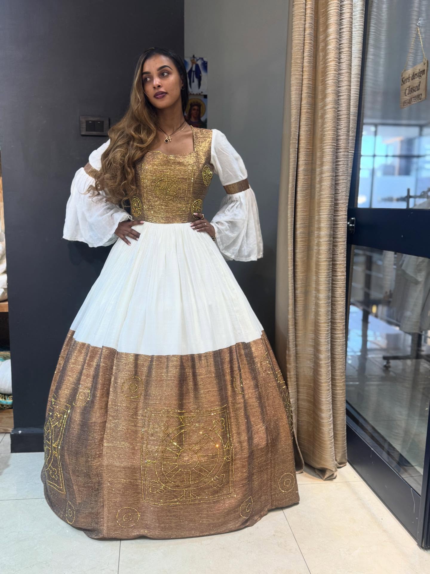 SELAMNESH TRADITIONAL ETHIOPIAN WEDDING DRESS | WHITE HABESHA DRESS WITH GOLDEN EMBROIDERY | GRACEFUL HABESHA KEMIS