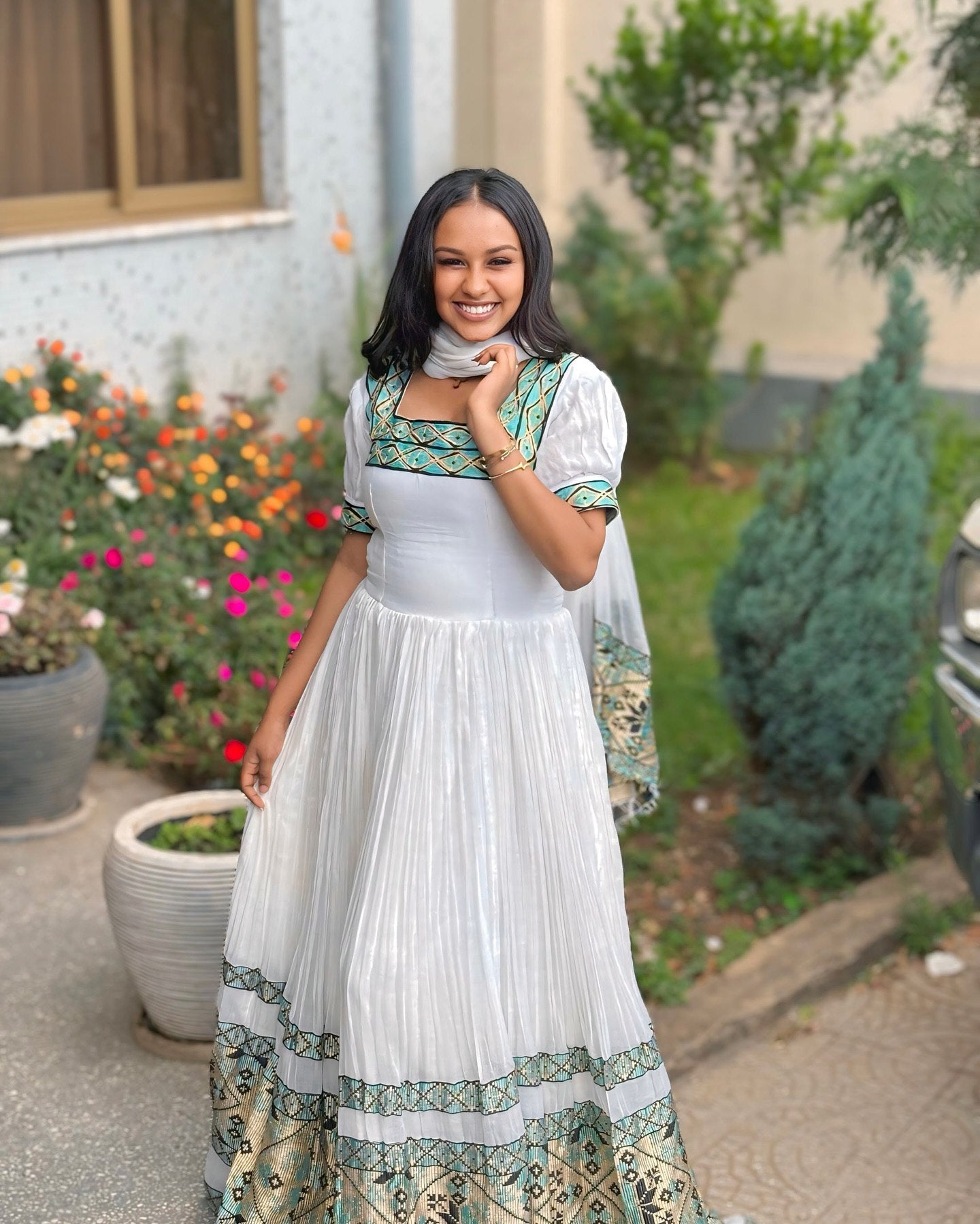 SIMANTA HABESHA KEMIS WITH GREEN WOVEN EMBROIDERY | HABESHA DRESS OUTFIT | ETHIOPIAN CLOTHING