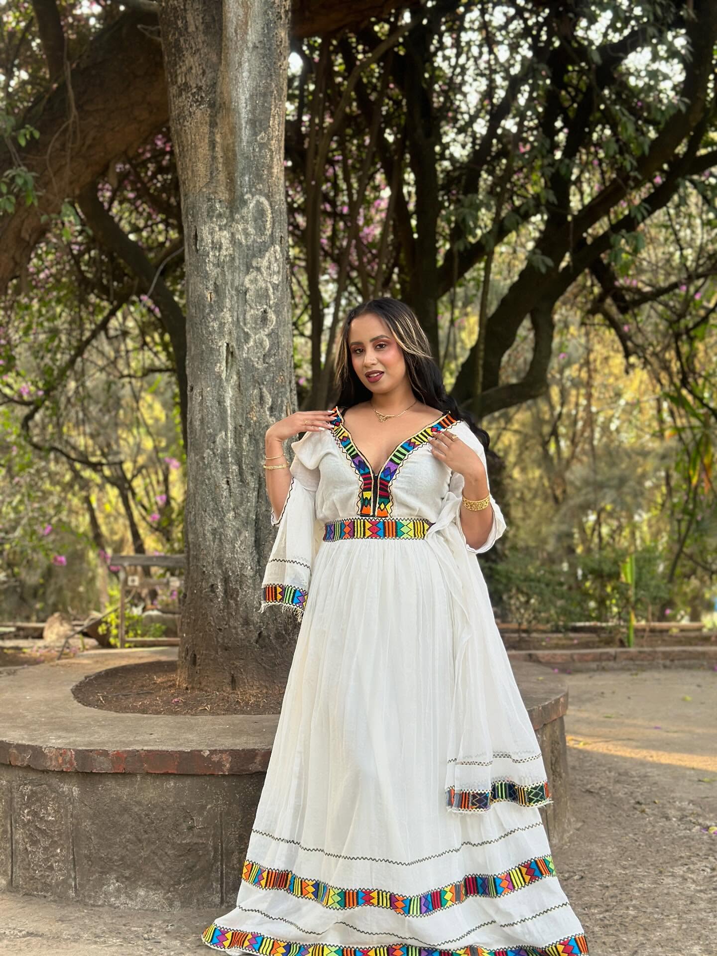 MAREFIYA V-NECKLINE ETHIOPIAN DRESS | MULTICOLOR WOVEN HABESHA DRESS | AUTHENTIC HABESHA KEMIS