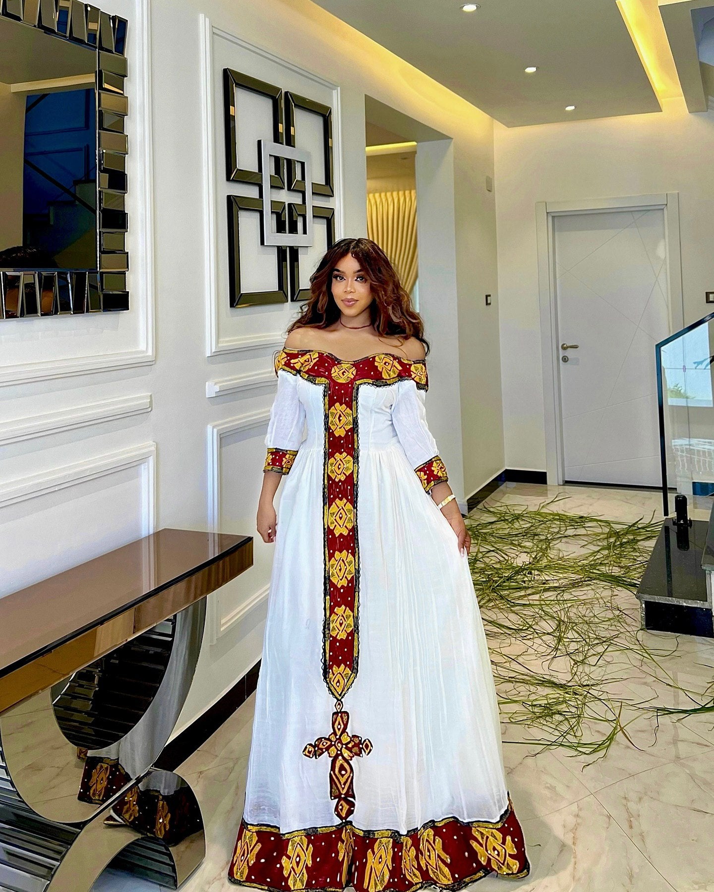 STUNNING OFF-SHOULDER RED AND GOLDEN EMBROIDERY HABESHA DRESS – AUTHENTIC ETHIOPIAN CLOTHING IN TRADITIONAL STYLE