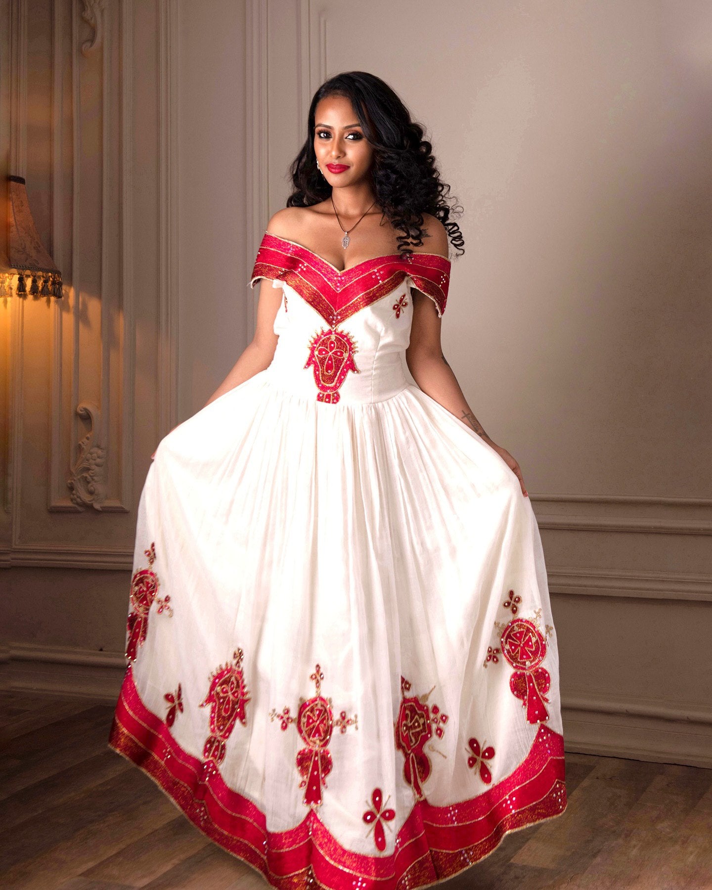 STUNNING OFF-SHOULDER RED AND GOLDEN EMBROIDERY HABESHA DRESS 