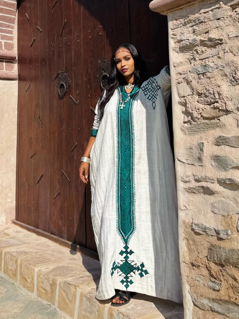 EDILAWIT GREEN AND BLACK EMBROIDERY HABESHA DRESS | LONG SLEEVE HABESHA KEMIS | CHARMING ETHIOPIAN DRESS