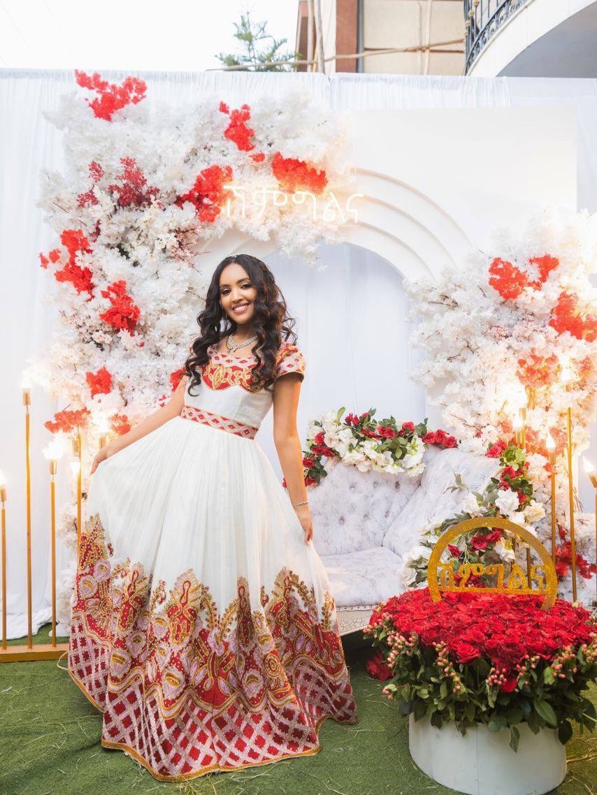 STUNNING RED AND GOLDEN EMBROIDERY SHORT SLEEVE HABESHA DRESS 