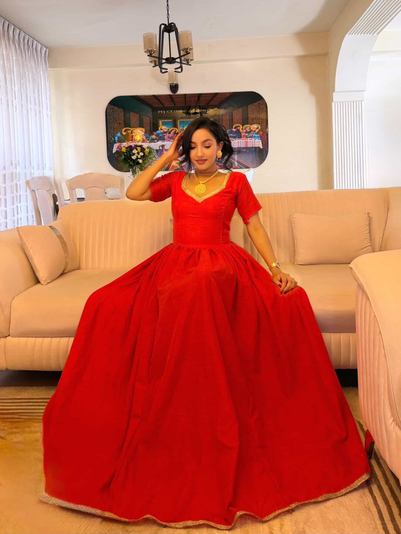 ASMERET RED COLOR HABESHA DRESS | SHORT SLEEVE HABESHA KEMIS | AUTHENTIC TRADITIONAL ETHIOPIAN DRESS