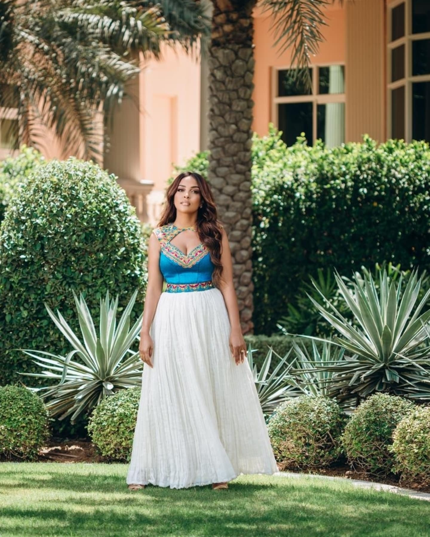 SLEEVELESS HABESHA DRESS WITH BLUE BODICE – ELEGANT TRADITIONAL ETHIOPIAN CLOTHING