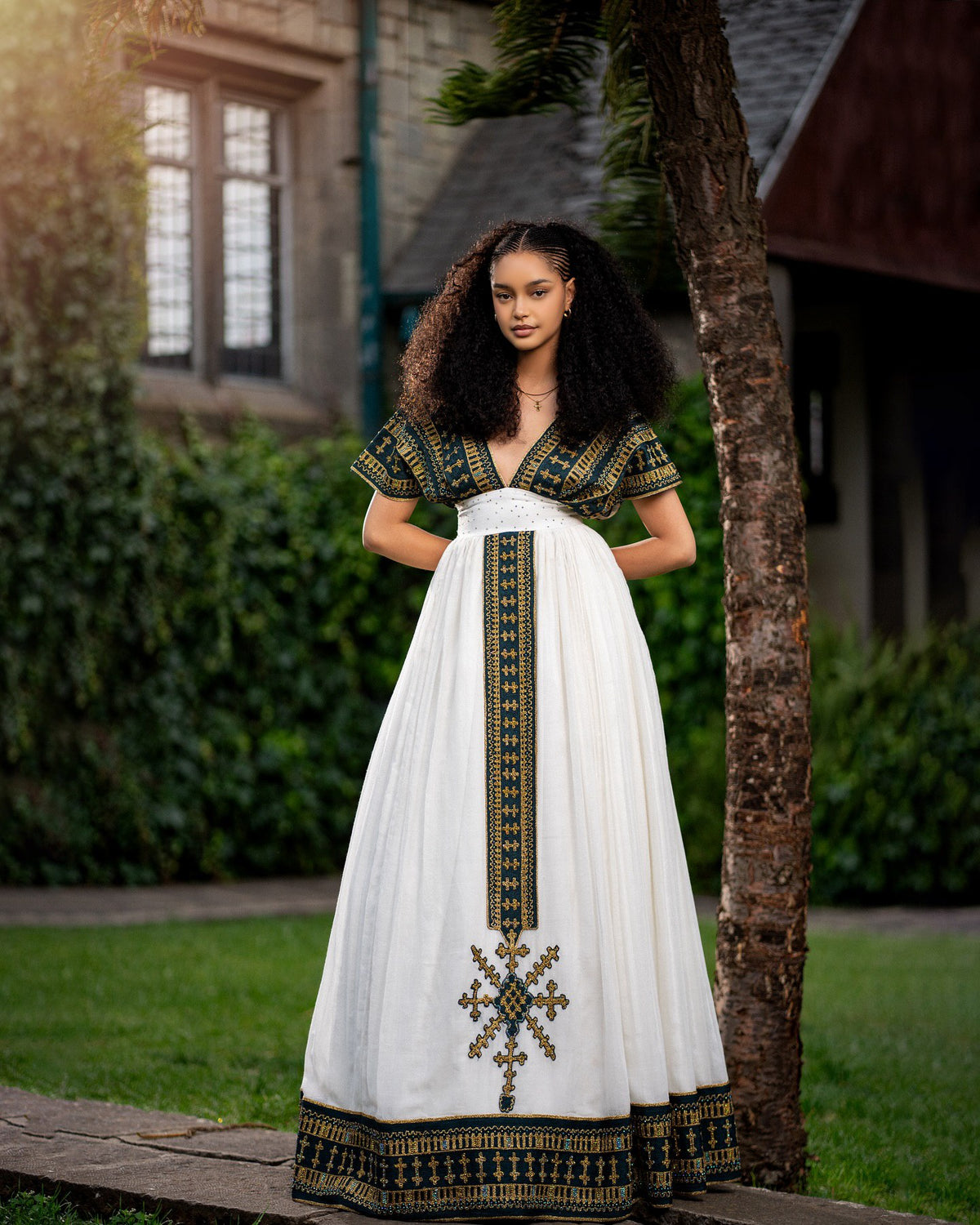 RUTH ETHIOPIAN HABESHA KEMIS | DEEP V-NECK & CROSS EMBROIDERY HABESHA DRESS | CULTURAL ETHIOPIAN CLOTH
