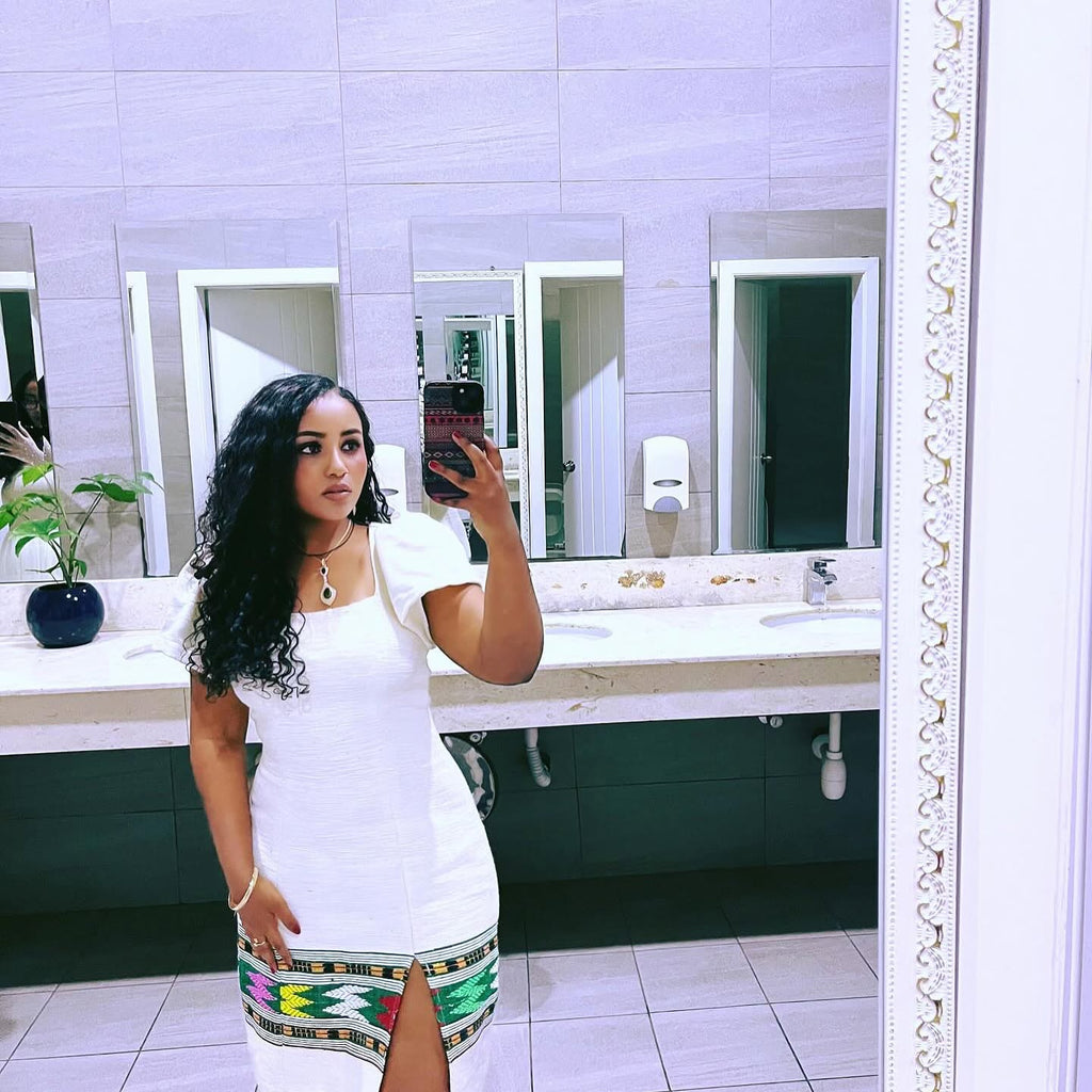 FASIKA MODERN HABESHA DRESS WITH SLIT AND GREEN TILET | ETHIOPIAN WOMEN’S HABESHA KEMIS | STUNNING ETHIOPIAN CLOTH FOR SPECIAL EVENTS