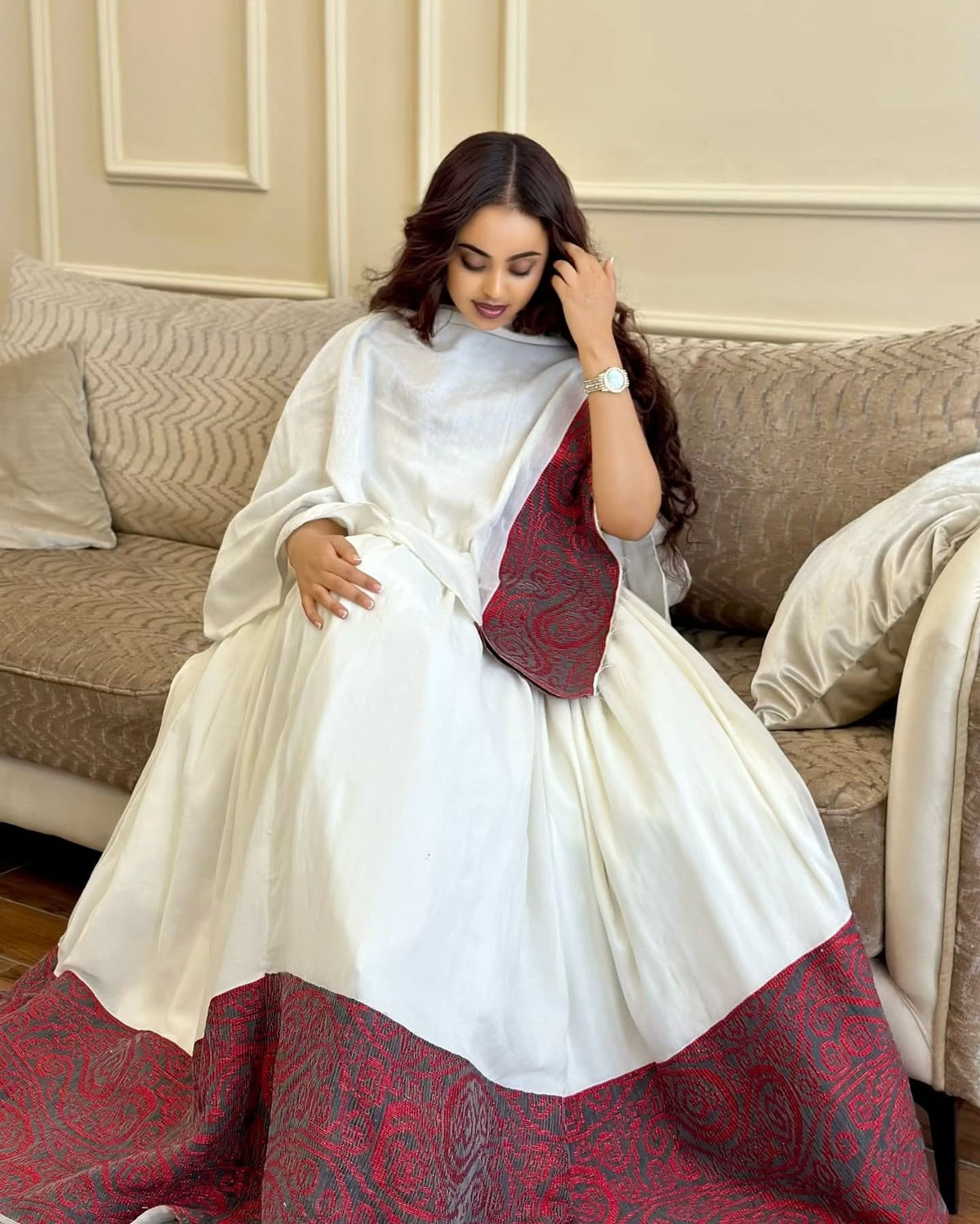 SERKALEM WHITE & RED HANDMADE ETHIOPIAN WEAR | WHITE COTTON HABESHA DRESS | BEAUTIFULLY CRAFTED HABESHA KEMIS FOR EVENTS