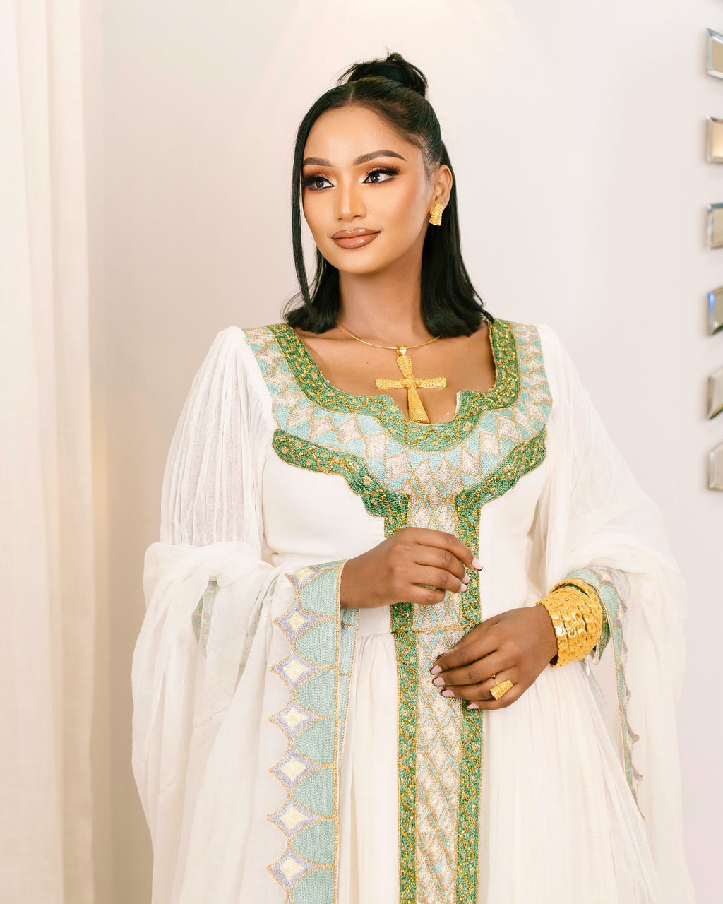 SAYAT GREEN-ACCENTED HABESHA KEMIS | TRADITIONAL ETHIOPIAN DRESS WITH CROSS EMBROIDERY | TIMELESS HABESHA DRESS