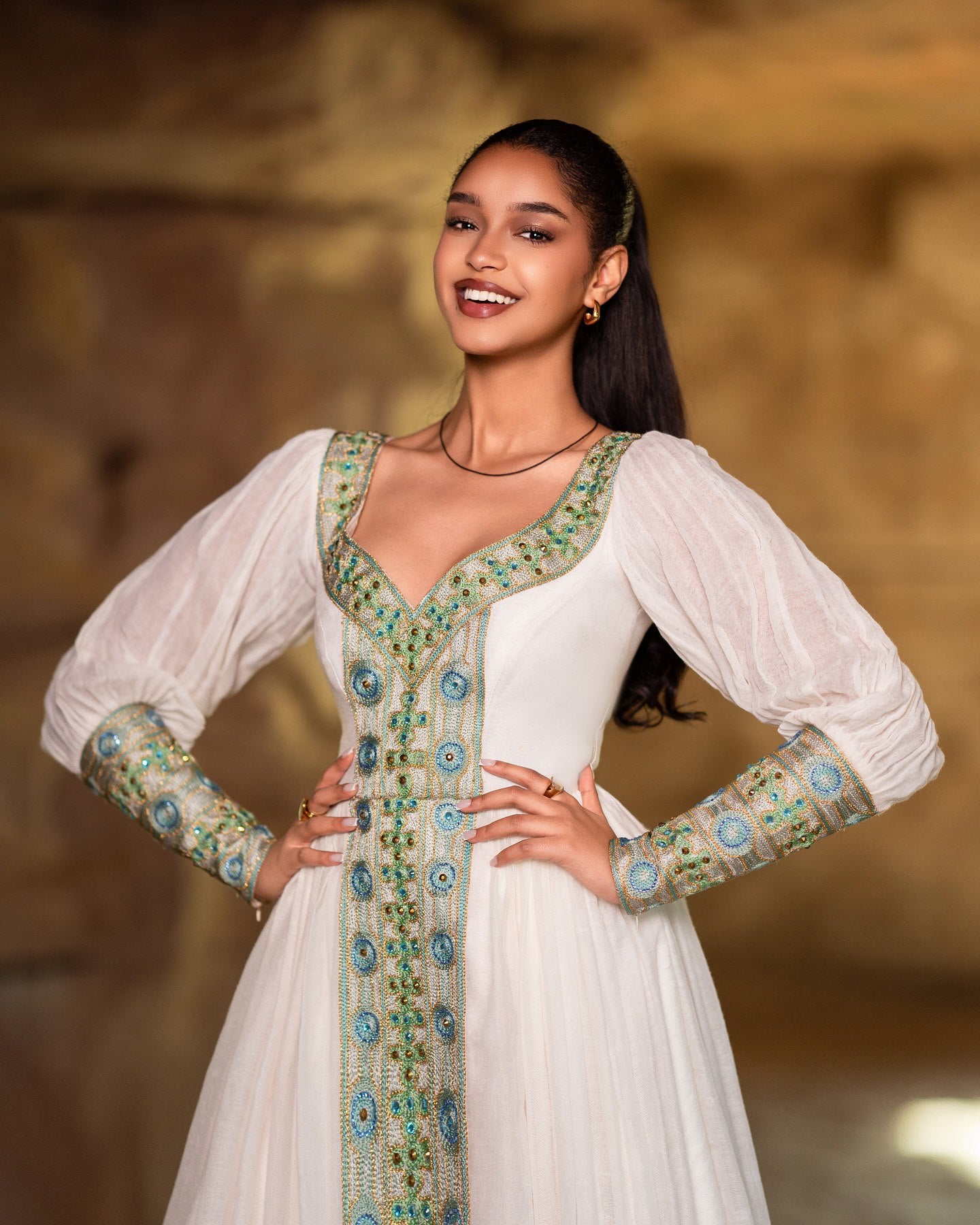 ROMAN ROYAL TRADITIONAL HABESHA KEMIS | TURQUOISE & GOLD EMBROIDERED CROSS DESIGN HABESHA DRESS | STUNNING ETHIOPIAN CLOTH