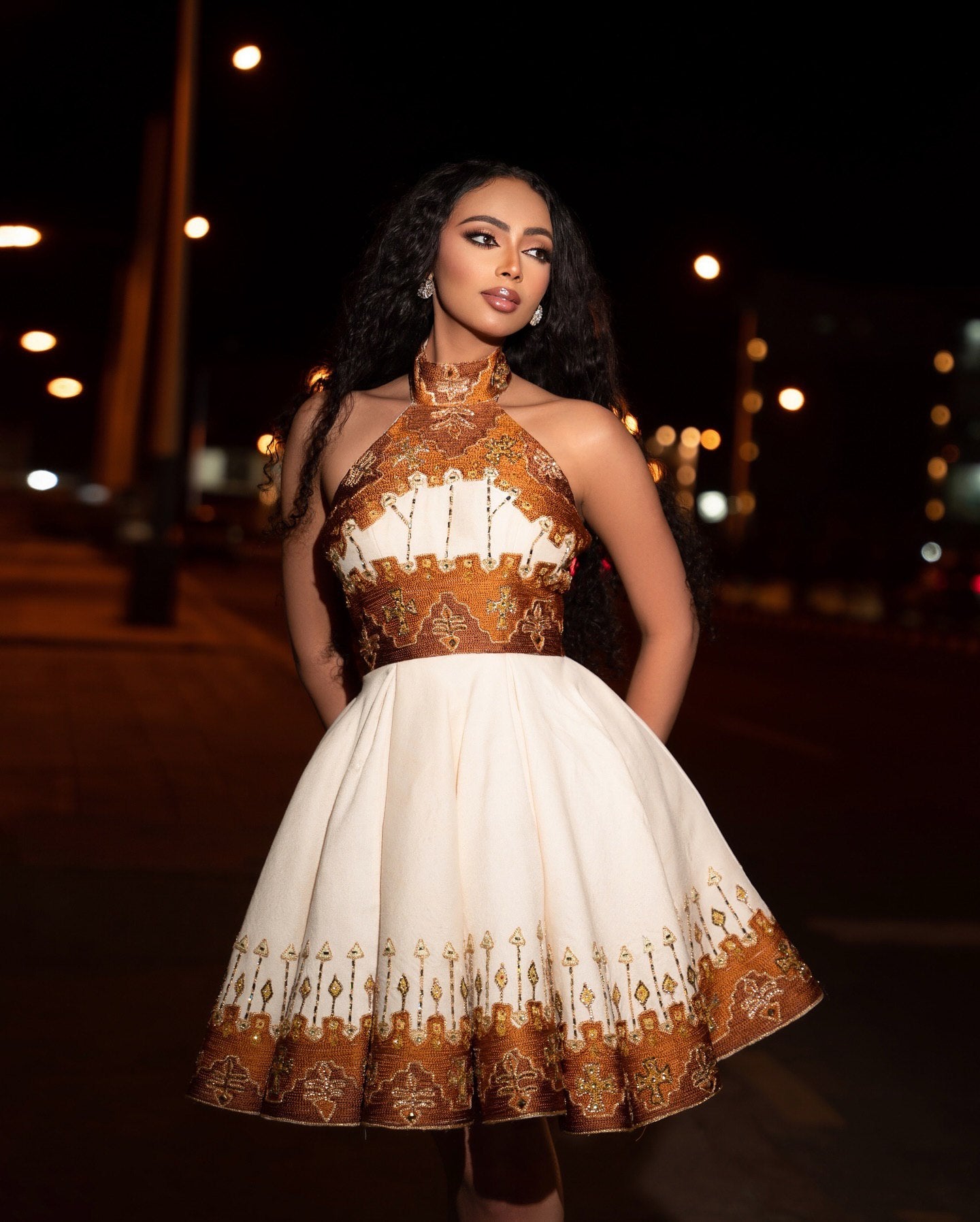TSEDEY ETHIOPIAN HABESHA DRESS | MODERN TRADITIONAL TIBEB DESIGN HABESHA KEMIS | GOLDEN-BROWN ETHIOPIAN CLOTH