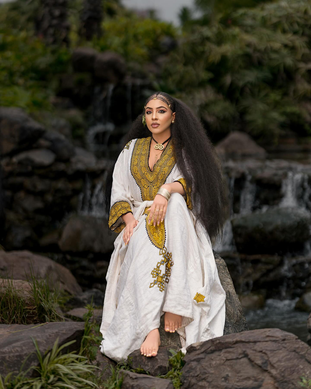 YETNAYET YELLOW & BLACK TIBEB EMBROIDERY ETHIOPIAN DRESS | HANDWOVEN HABESHA KEMIS | STUNNING HABESHA DRESS FOR FESTIVE