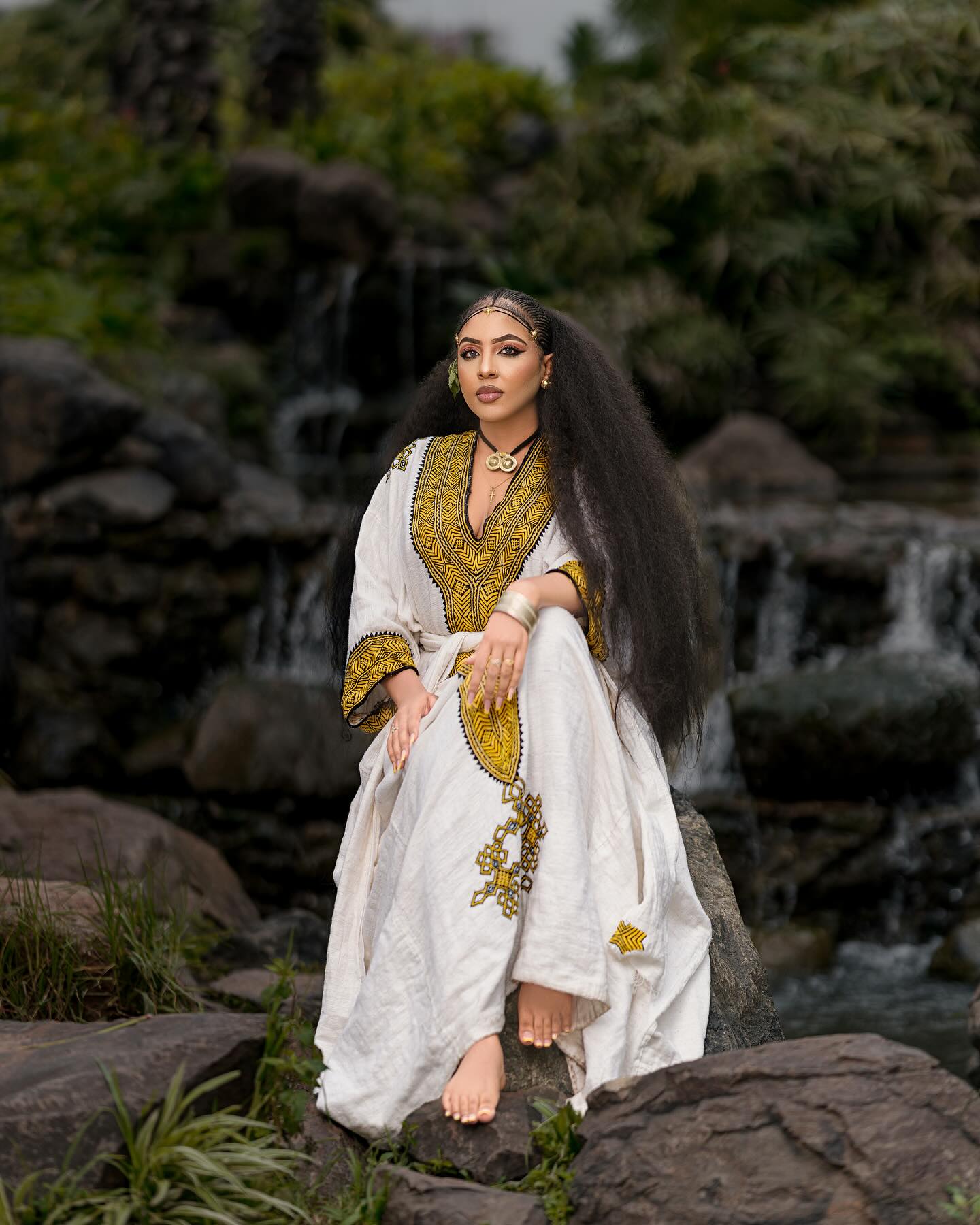 YETNAYET YELLOW & BLACK TIBEB EMBROIDERY ETHIOPIAN DRESS | HANDWOVEN HABESHA KEMIS | STUNNING HABESHA DRESS FOR FESTIVE