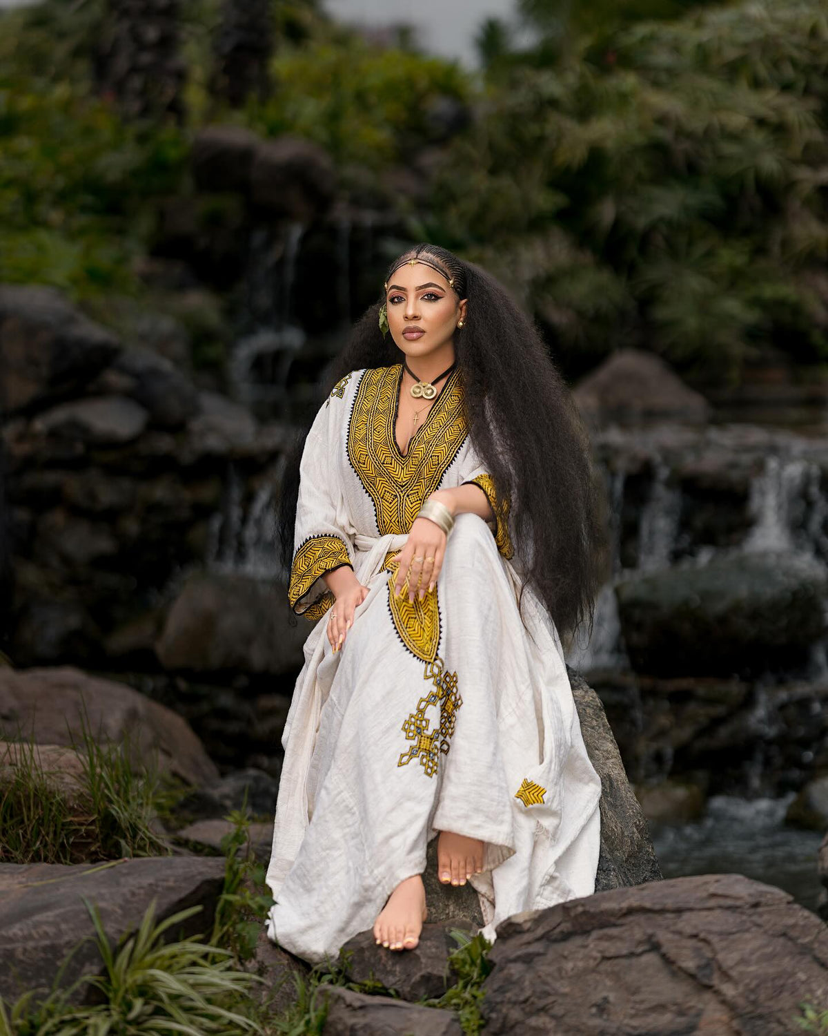 YETNAYET YELLOW & BLACK TIBEB EMBROIDERY ETHIOPIAN DRESS | HANDWOVEN HABESHA KEMIS | STUNNING HABESHA DRESS FOR FESTIVE