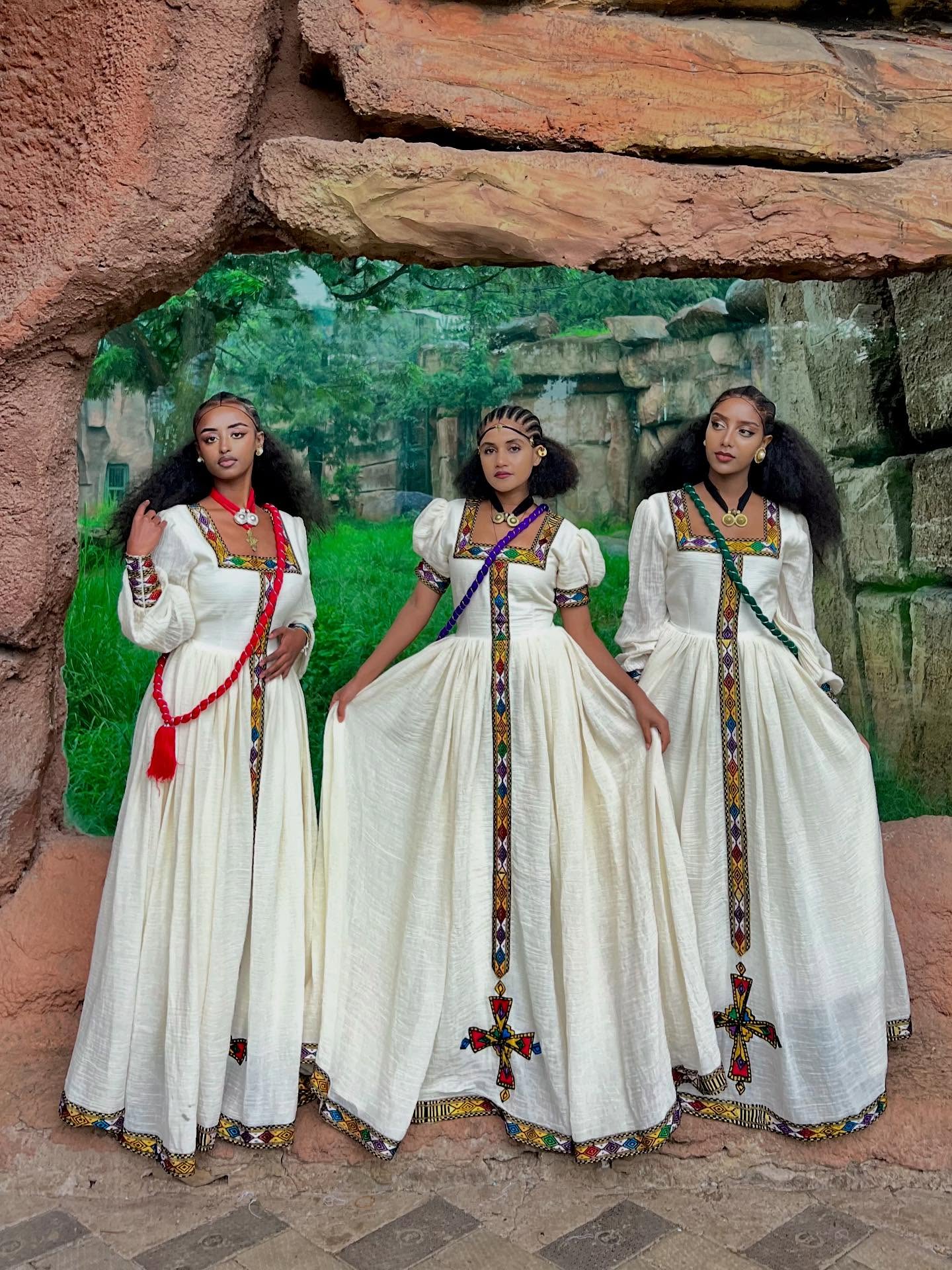 NARDI ETHIOPIAN HABESHA DRESS | TRADITIONAL TIBEB DESIGN ETHIOPIAN CLOTH | MULTICOLORED HABESHA KEMIS WITH CROSS EMBROIDERY