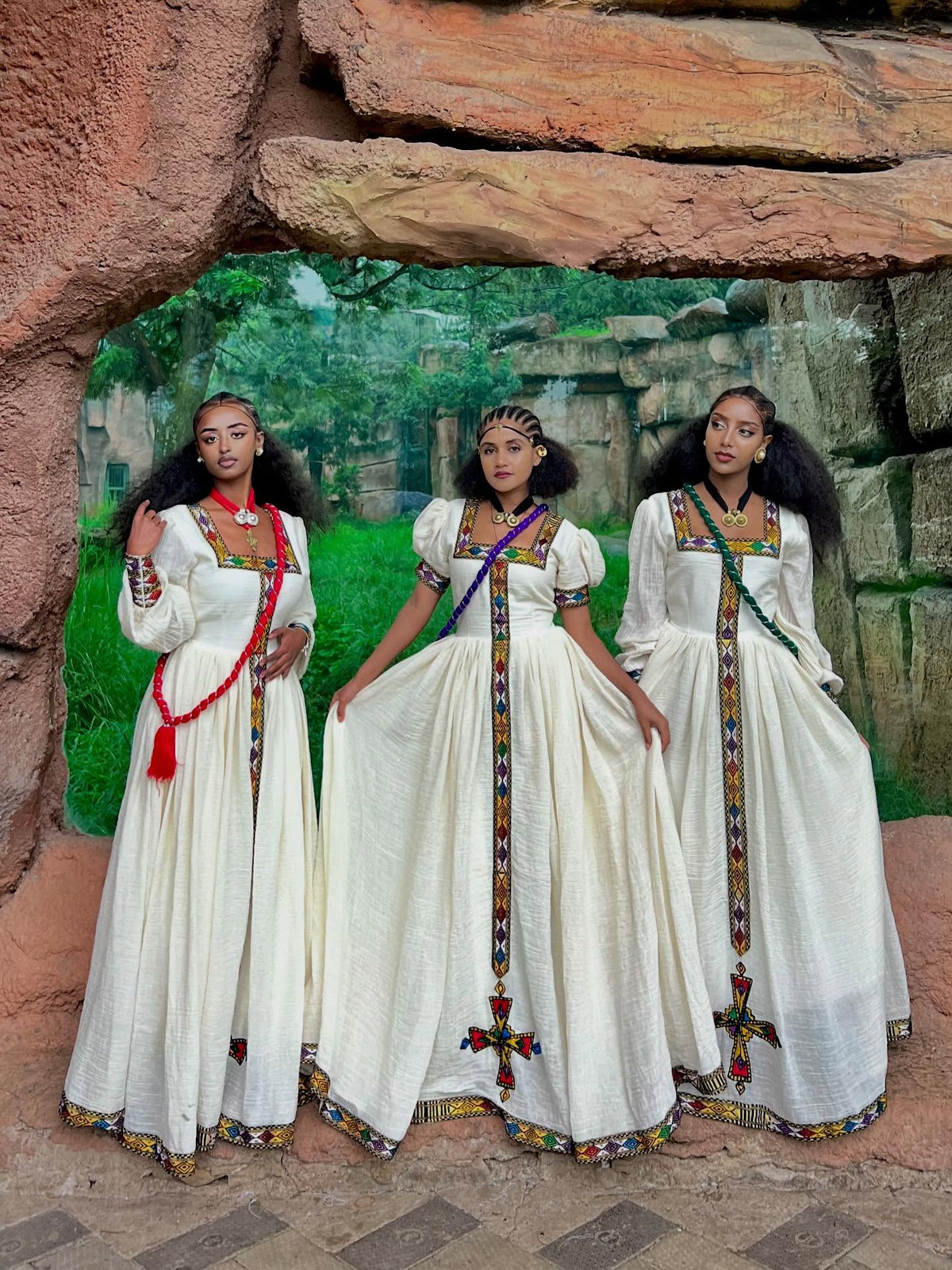 NARDI ETHIOPIAN HABESHA DRESS | TRADITIONAL TIBEB DESIGN ETHIOPIAN CLOTH | MULTICOLORED HABESHA KEMIS WITH CROSS EMBROIDERY
