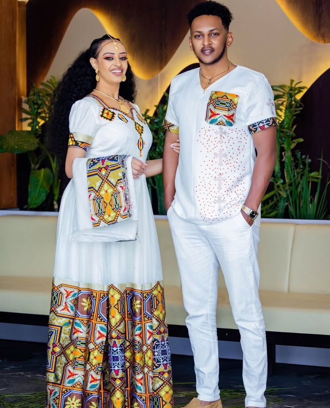 HIBIST ETHIOPIAN COUPLE OUTFIT | MATCHING TRADITIONAL TIBEB EMBROIDERY COUPLE SET | HANDWOVEN MATCHING OUTFIT