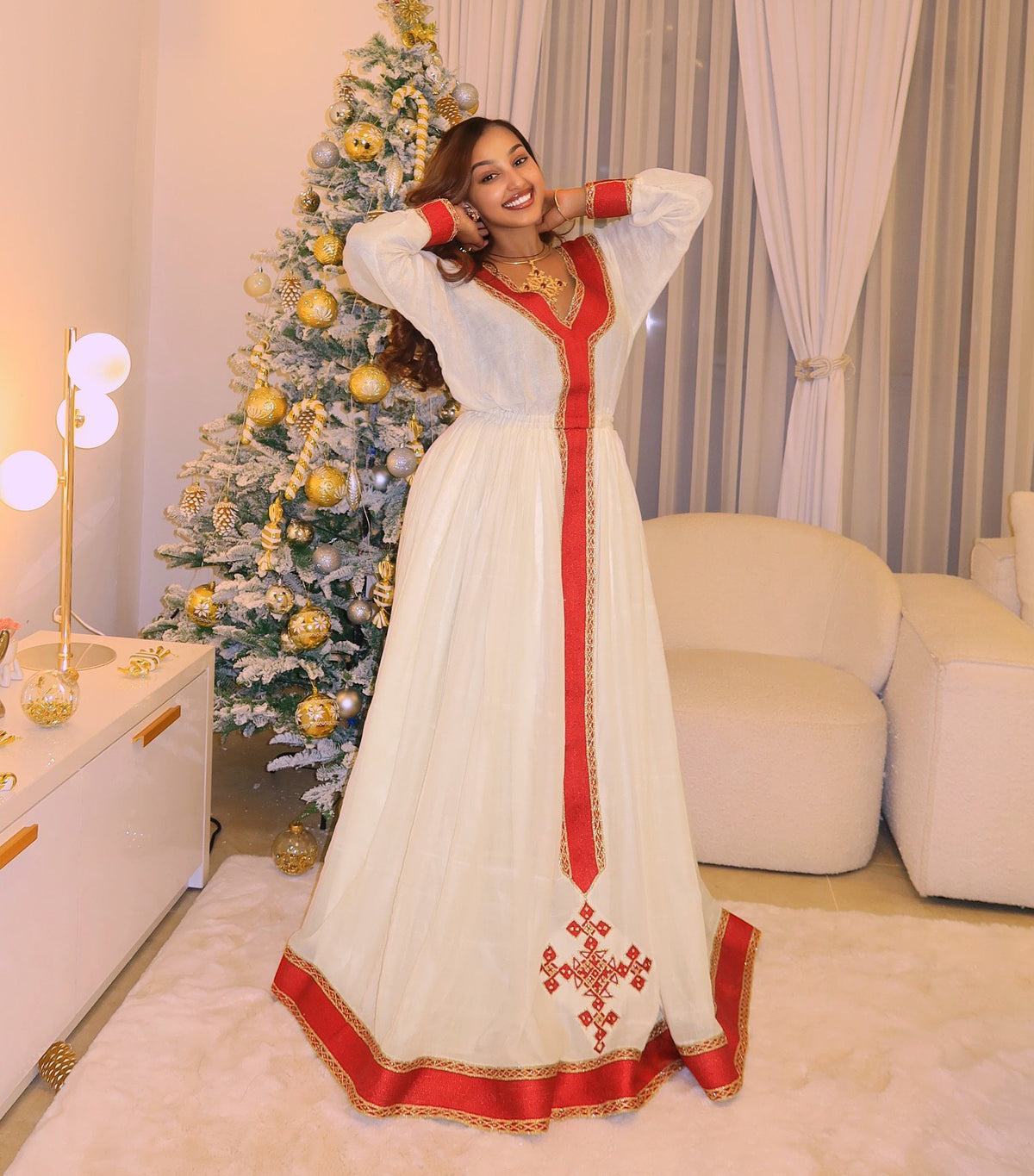 FIKIRTE CLASSIC HABESHA KEMIS WITH RED AND GOLD TIBEB | CROSS EMBROIDERY HABESHA DRESS | SOFT SHEMMA FABRIC ETHIOPIAN WEAR