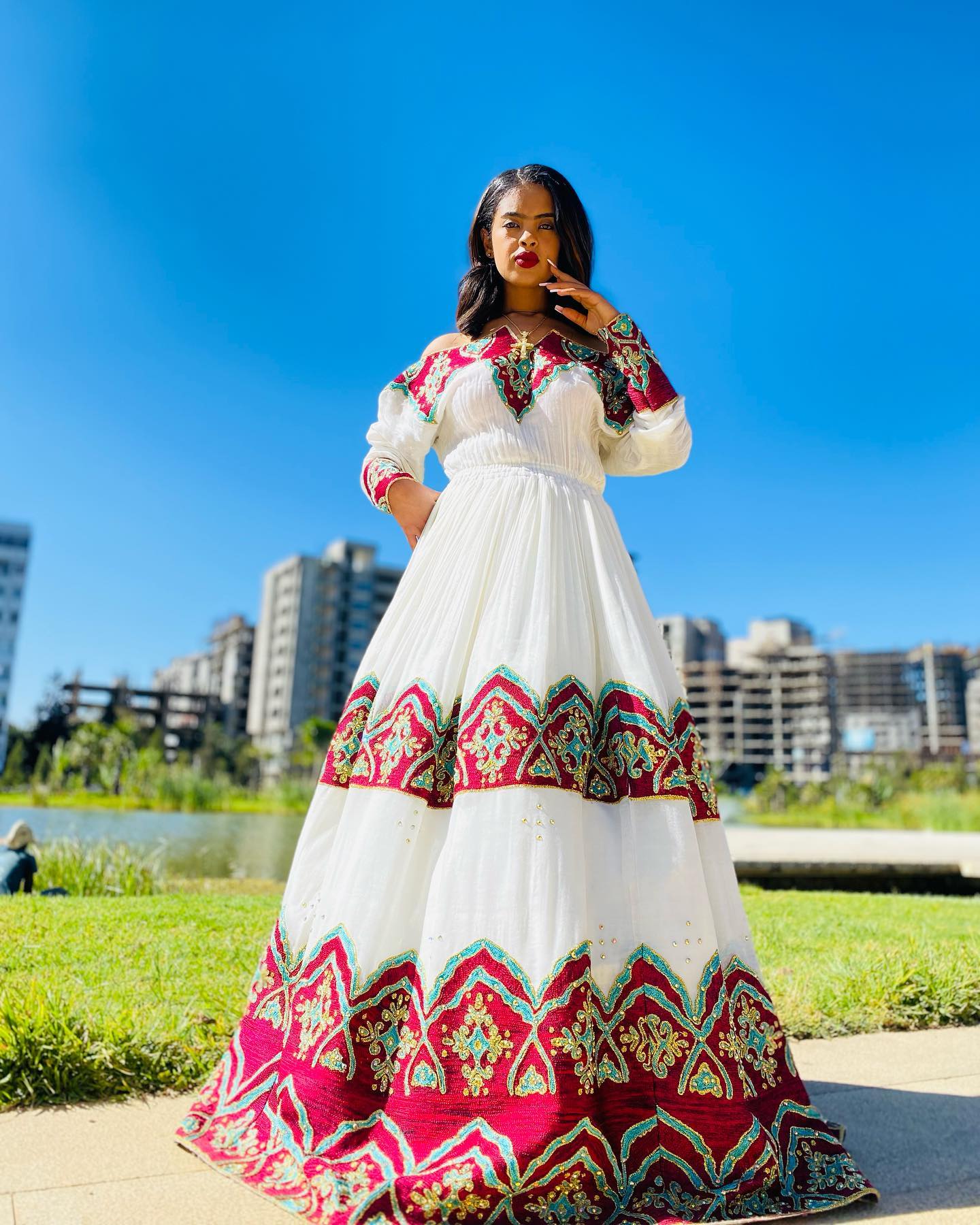 FREWEYNI OFF-SHOULDER ETHIOPIAN HABESHA KEMIS | TURQUOISE AND BURGUNDY TIBEB HABESHA DRESS | ROYAL ETHIOPIAN CLOTHING FOR WEDDING