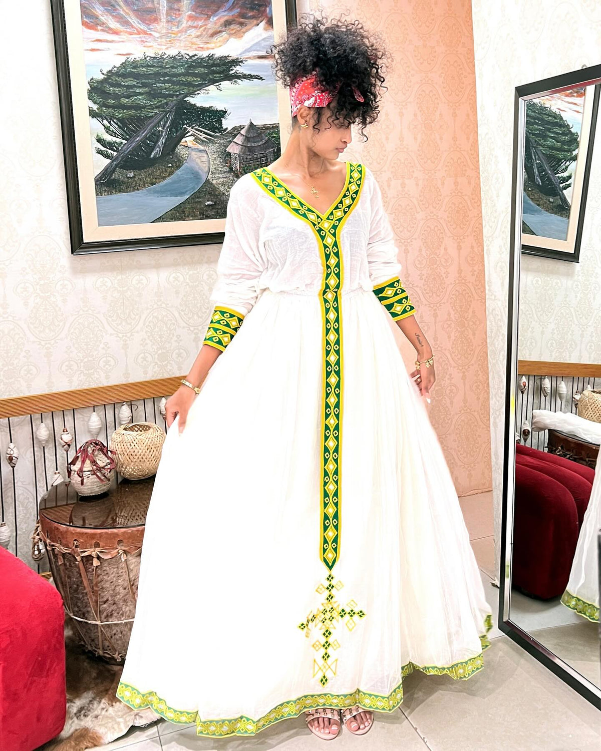 SEBLEWENGEL TRADITIONAL HABESHA DRESS | GREEN EMBROIDERED ETHIOPIAN & ERITREAN HABESHA KEMIS | HANDWOVEN ETHIOPIAN CLOTHING