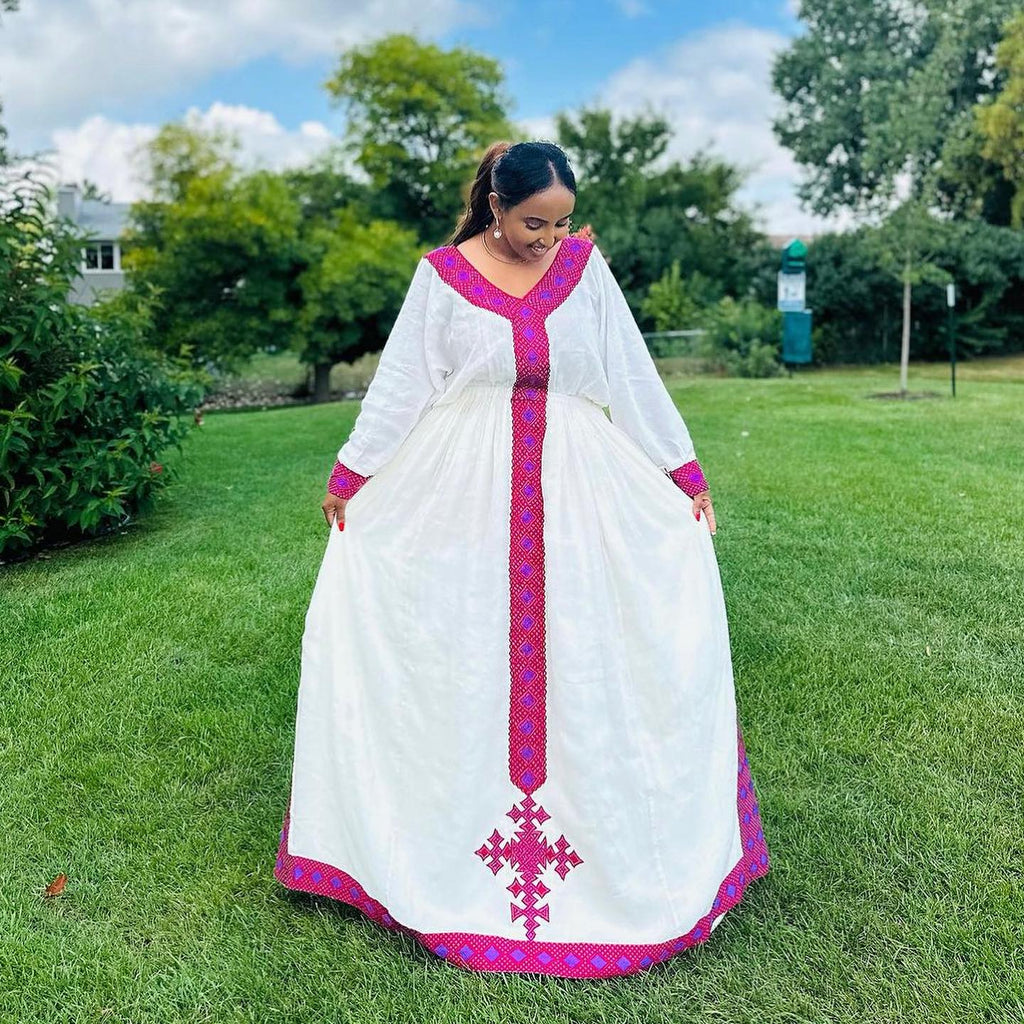 MARSILAS STUNNING PINK EMBROIDERED HABESHA DRESS | TRADITIONAL ETHIOPIAN HANDWOVEN HABESHA KEMIS | CLASSIC ETHIOPIAN CLOTHING