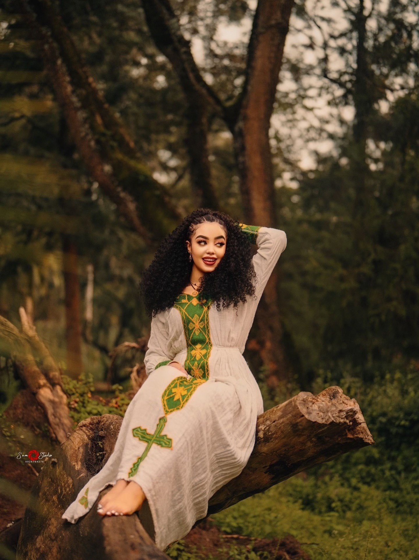 MESELU CLASSIC TRADITIONAL HABESHA KEMIS | GREEN & GOLD EMBROIDERY ETHIOPIAN DRESS | HANDWOVEN HABESHA DRESS