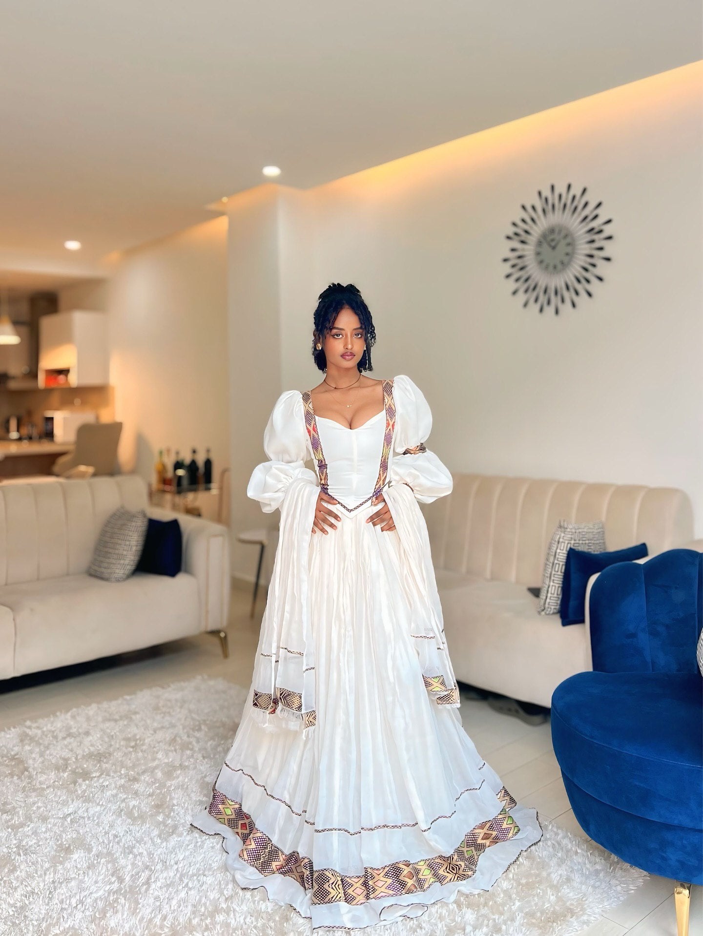 ADANECH ETHIOPIAN TRADITIONAL DRESS | COLORFUL WOVEN BORDERS HABESHA DRESS | PUFFED SLEEVES HABESHA KEMIS