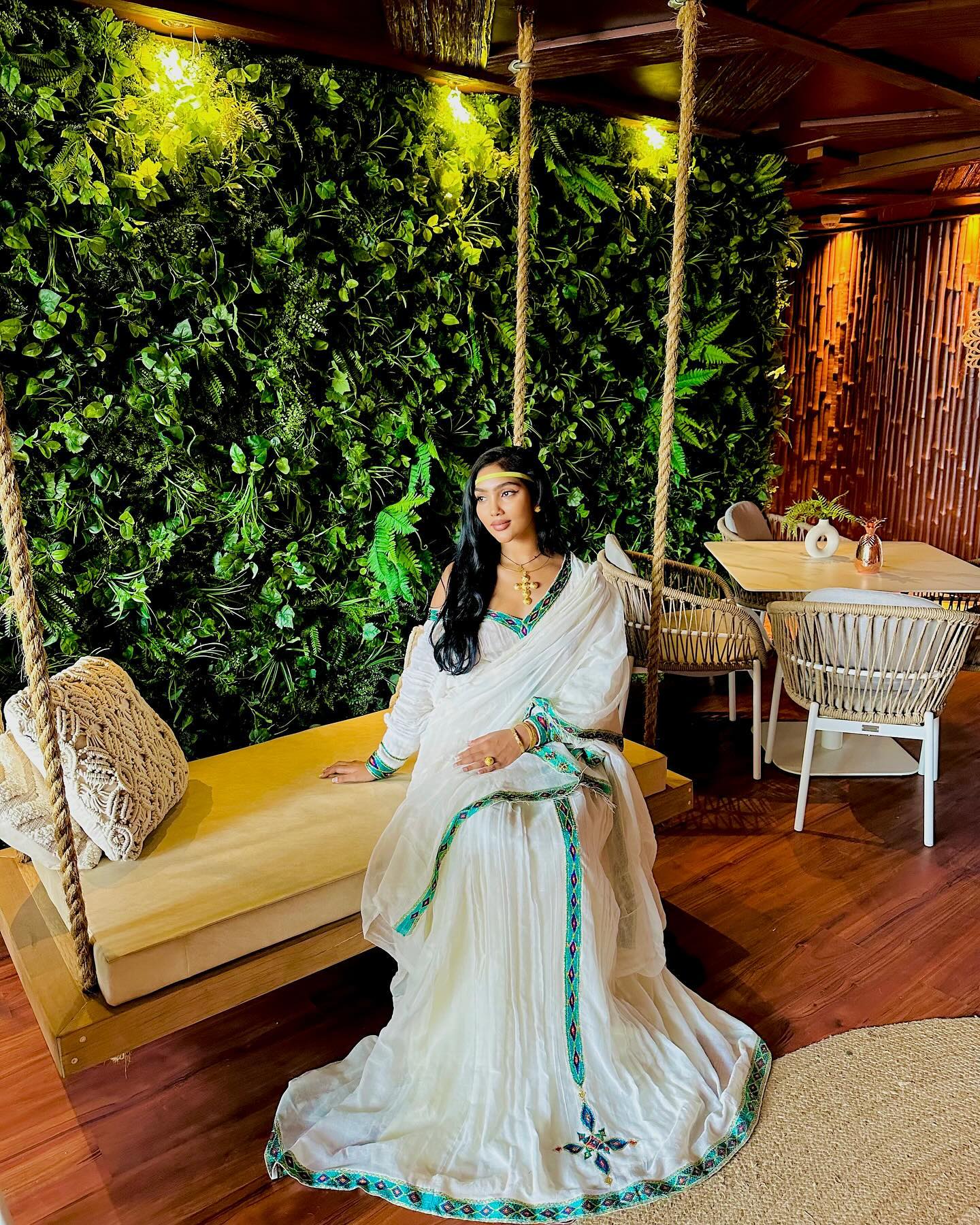SENEDU GRACEFUL ETHIOPIAN TRADITIONAL DRESS | LIGHT BLUE & GREEN EMBROIDERY HABESHA DRESS | VIBRANT HANDWOVEN HABESHA KEMIS