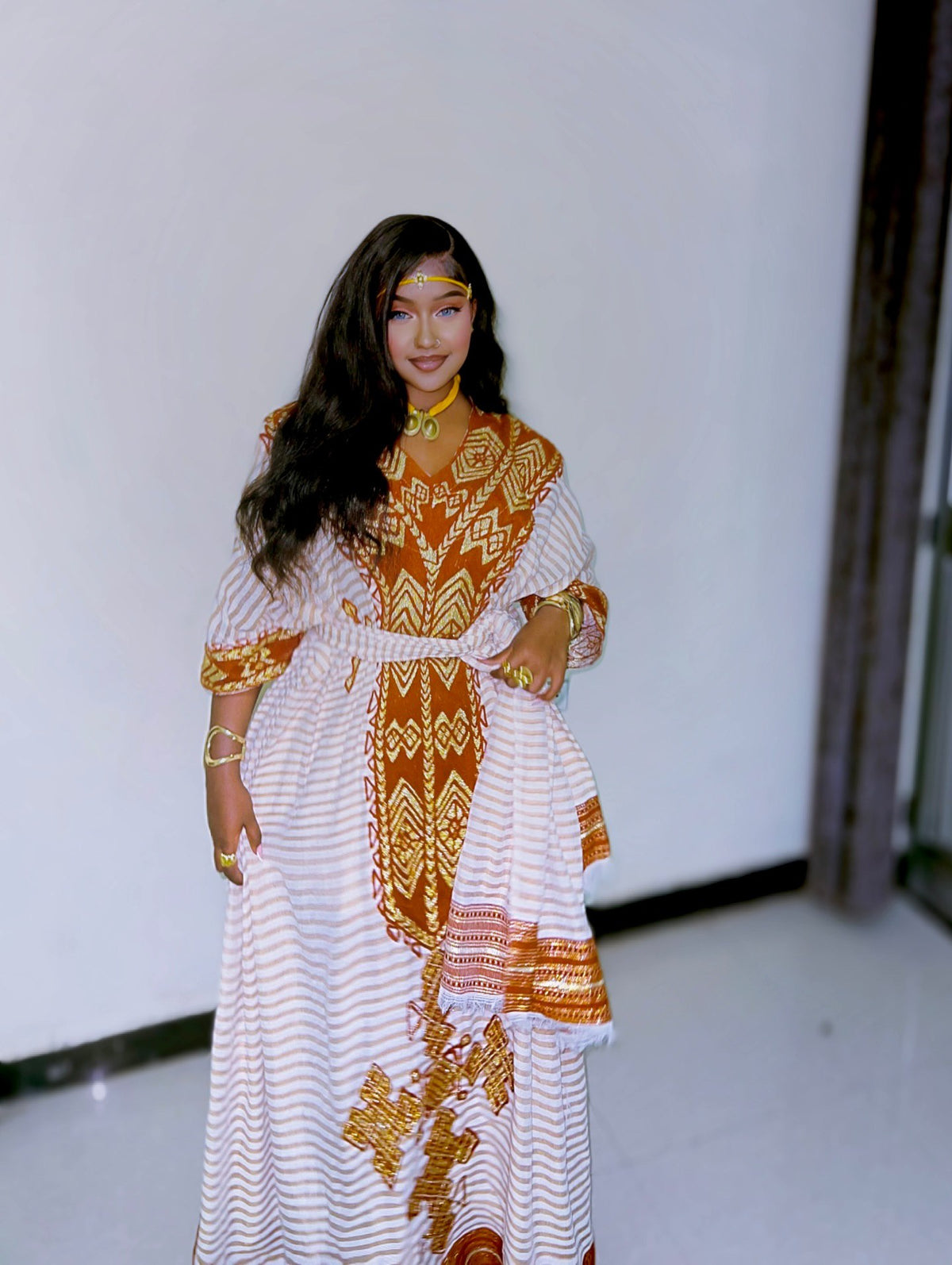 LUCHIA BROWN & WHITE TRADITIONAL ETHIOPIAN DRESS | CROSS EMBROIDERY HABESHA KEMIS | GEOMETRIC PATTERN HABESHA DRESS |