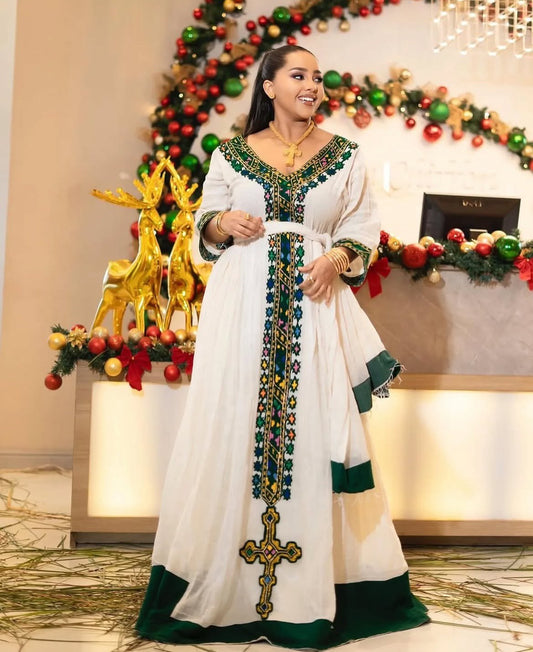 TRADITIONAL ETHIOPIAN DRESS WITH GREEN EMBROIDERY & CROSS DESIGN