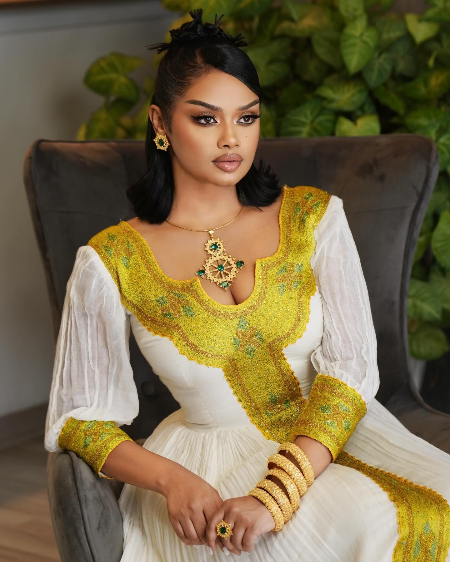 LEWAM ETHIOPIAN TRADITIONAL DRESS | HABESHA KEMIS FOR WOMEN | WHITE AND YELLOW HABESHA DRESS