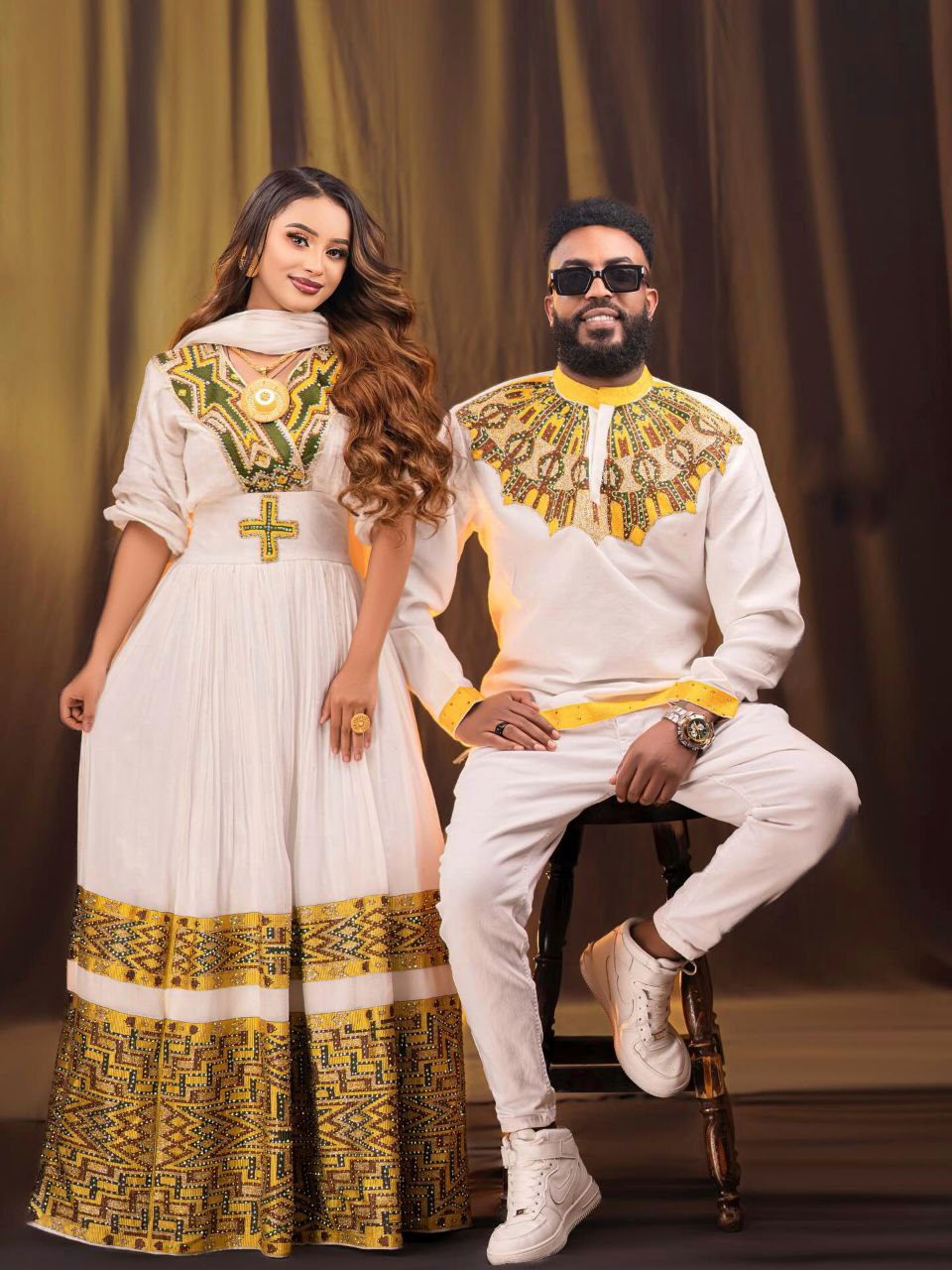 MAYA MODERN ETHIOPIAN COUPLE OUTFIT | HABESHA TRADITIONAL MATCHING SET | GOLD EMBROIDERY COUPLE WEAR