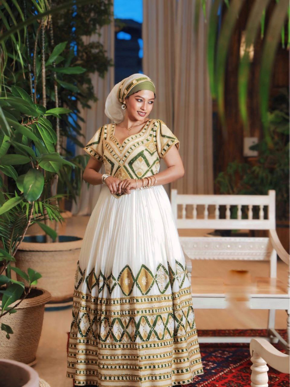 Green And Gold Embroidery Habesha Dress