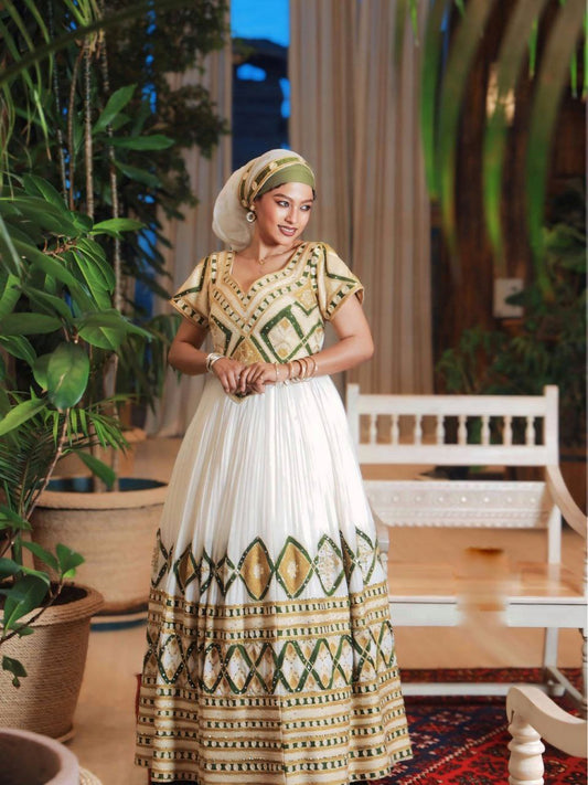 Green And Gold Embroidery Habesha Dress