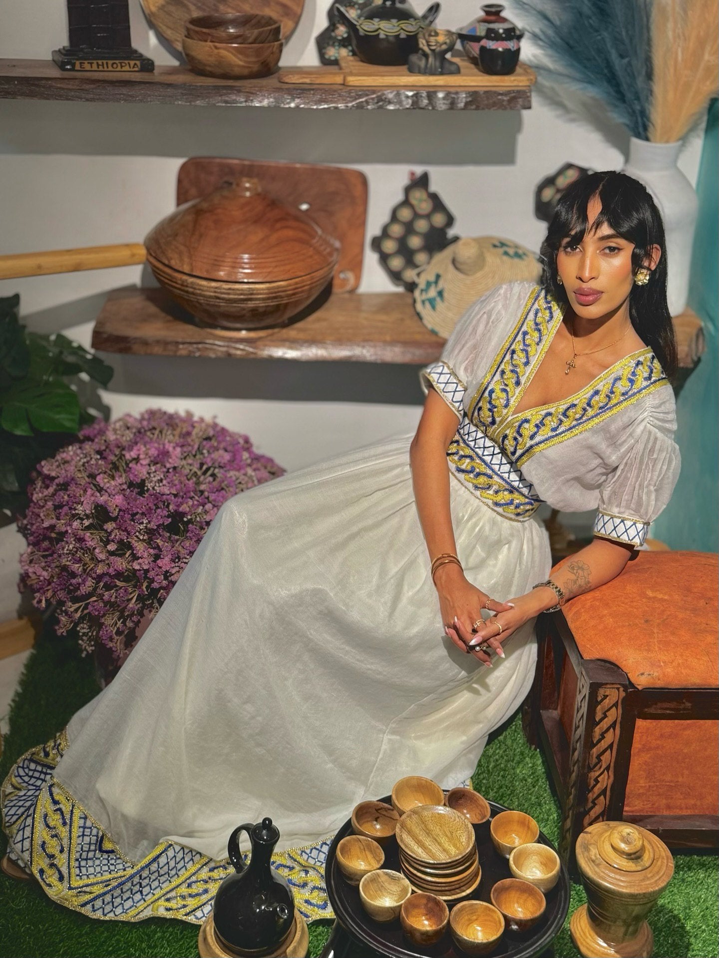YOHANA ETHIOPIAN TRADITIONAL DRESS | HABESHA DRESS WITH BLUE & YELLOW EMBROIDERY | HABESHA KEMIS FOR EVENTS