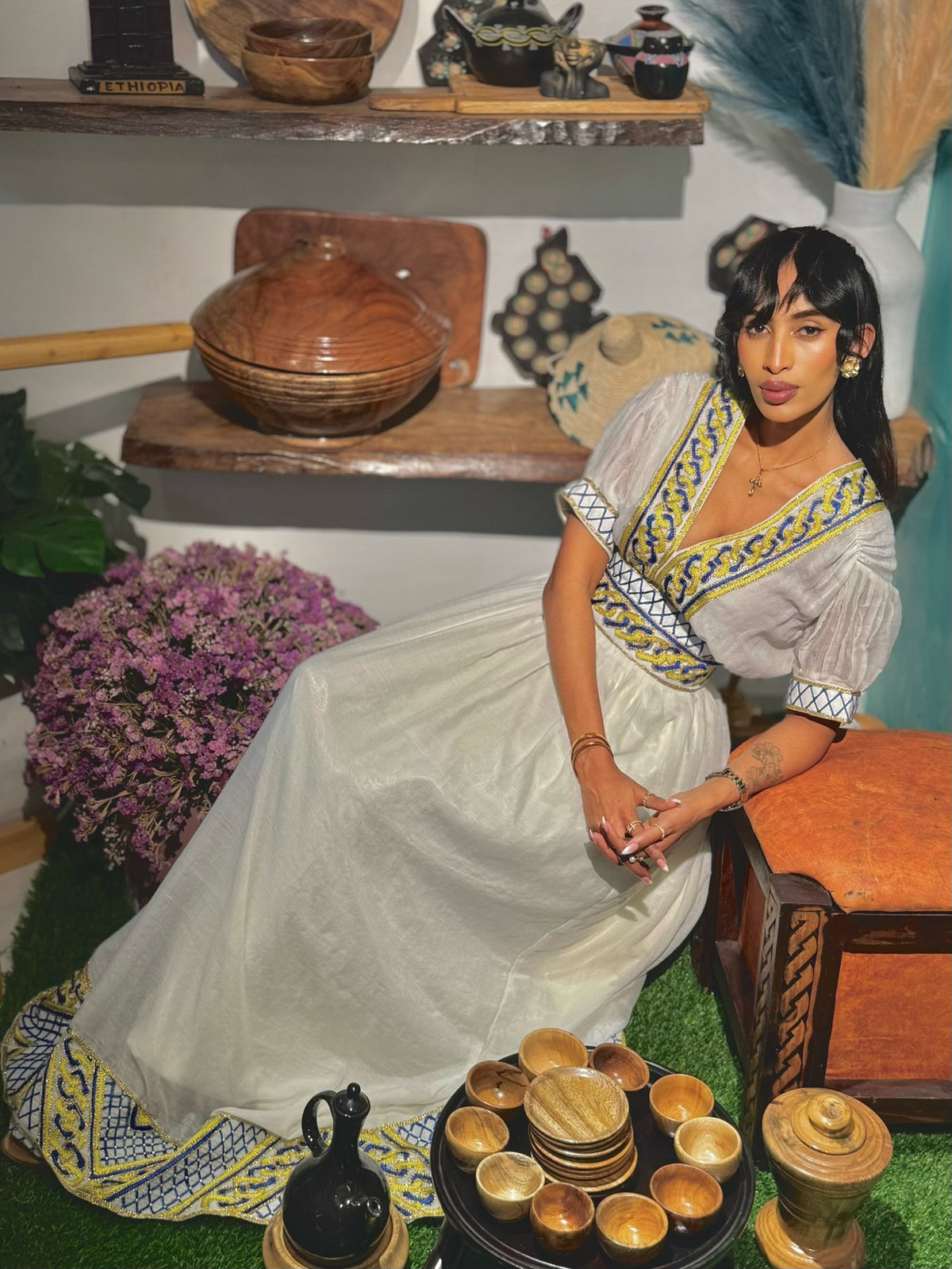 YOHANA ETHIOPIAN TRADITIONAL DRESS | HABESHA DRESS WITH BLUE & YELLOW EMBROIDERY | HABESHA KEMIS FOR EVENTS