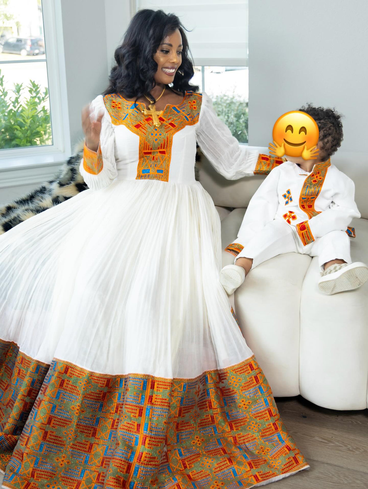 ENGIDA ORANGE EMBROIDERY HABESHA KEMIS | FESTIVE TRADITIONAL ETHIOPIAN DRESS | HANDWOVEN HABESHA DRESS