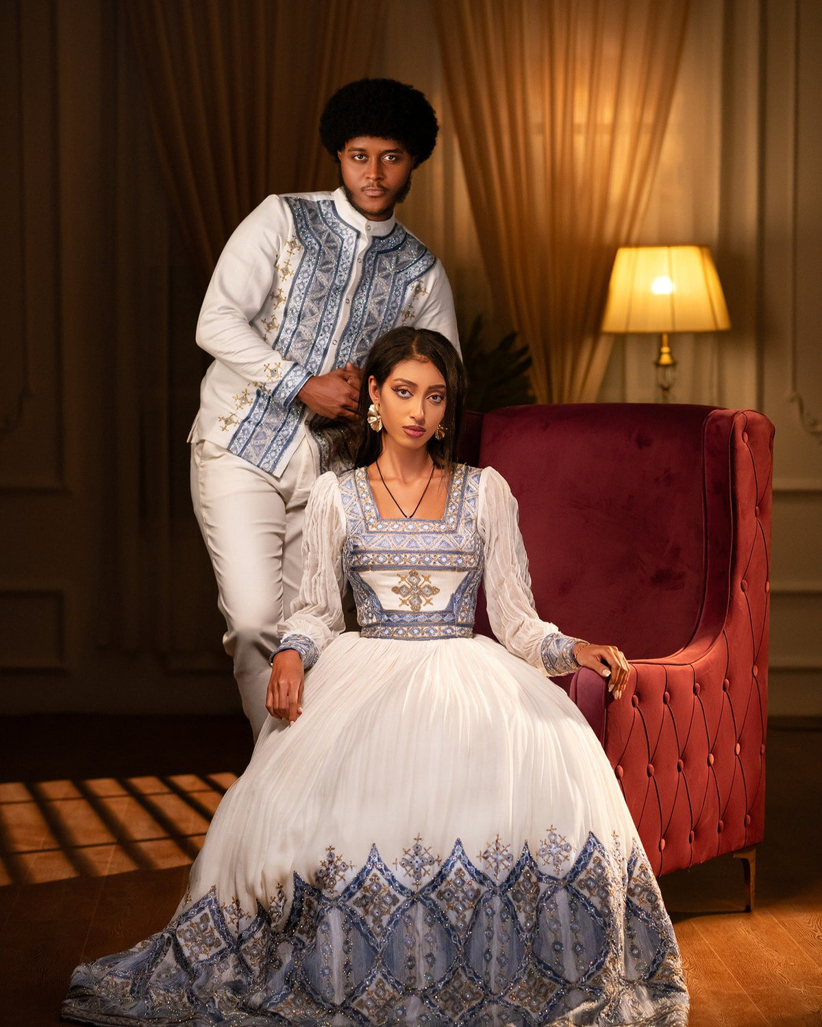 ETSUB WHITE & BLUE ETHIOPIAN COUPLE OUTFIT | MATCHING HABESHA KEMIS | TRADITIONAL ETHIOPIAN CLOTHING FOR COUPLES