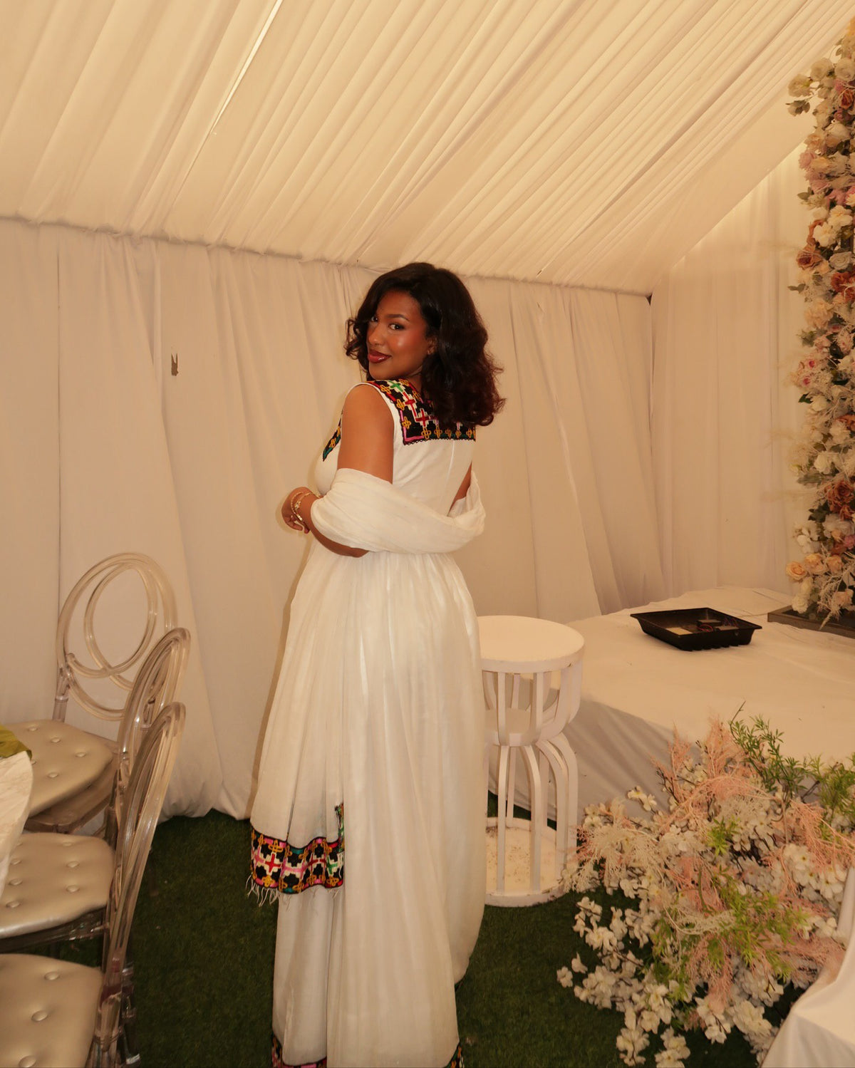 WENGELAWIT WHITE ETHIOPIAN TRADITIONAL DRESS | MULTICOLOR EMBROIDERY HABESHA KEMIS | STYLISH HABESHA DRESS