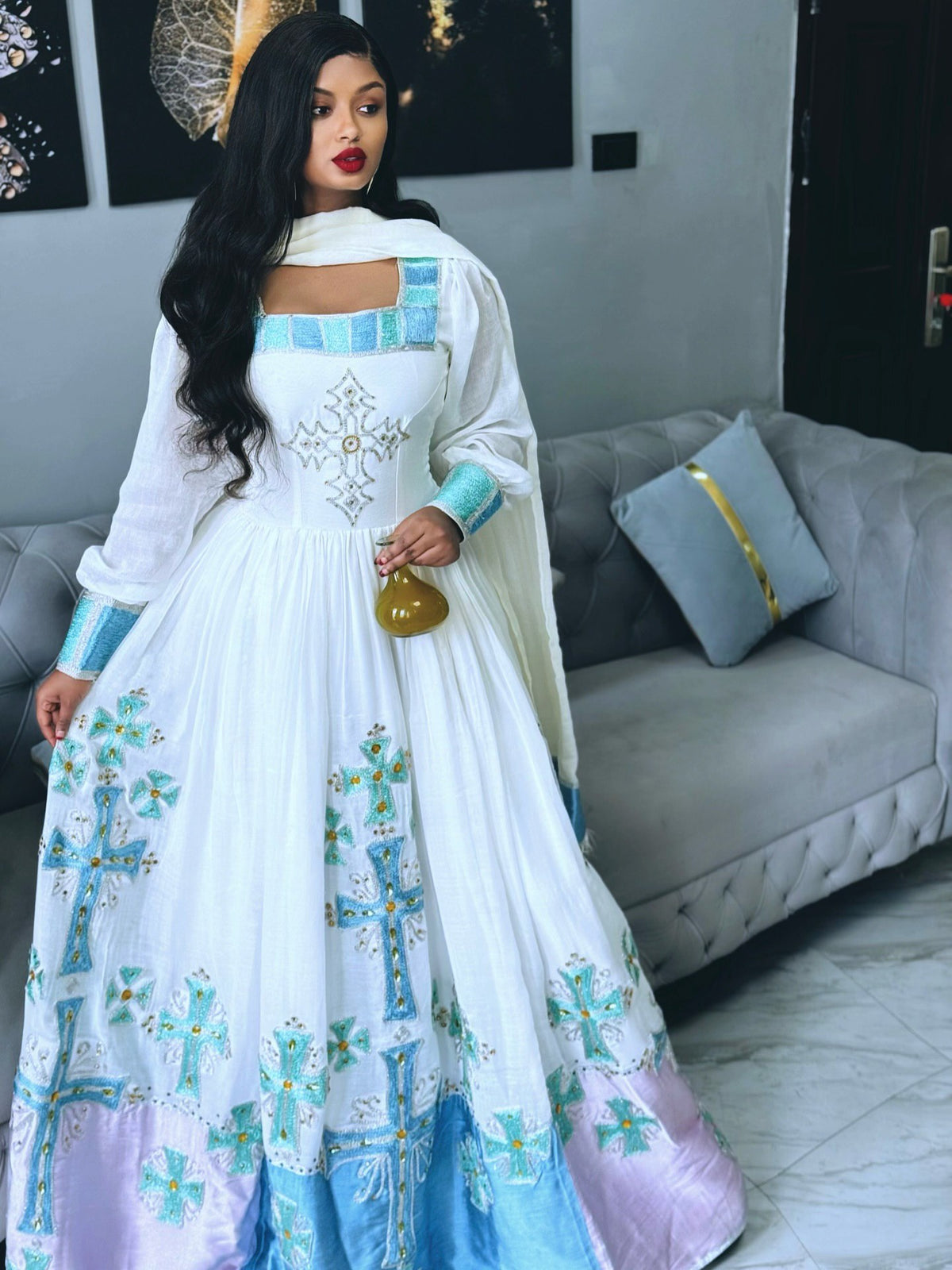 Cross Embroidery Habesha Dress for Occasions