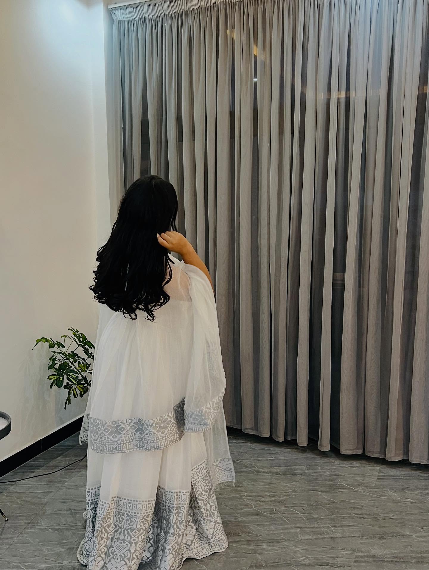 TSIGE WHITE FLOWY TRADITIONAL STYLE DRESS | GRAY EMBROIDERED DESIGN HABESHA KEMIS | STUNNING HABESHA DRESS