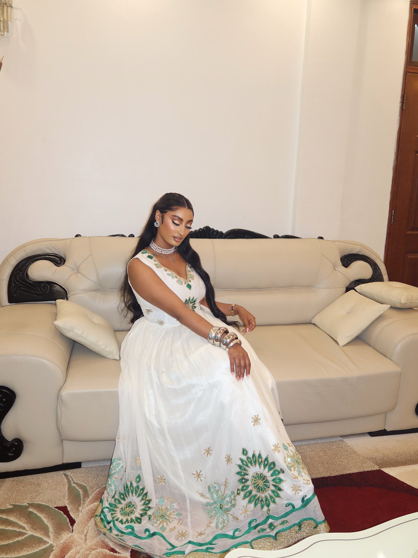 TSIGEREDA GREEN AND GOLD EMBROIDERY HABESHA DRESS | SLEEVELESS HABESHA KEMIS | GRACEFUL ETHIOPIAN CLOTHING