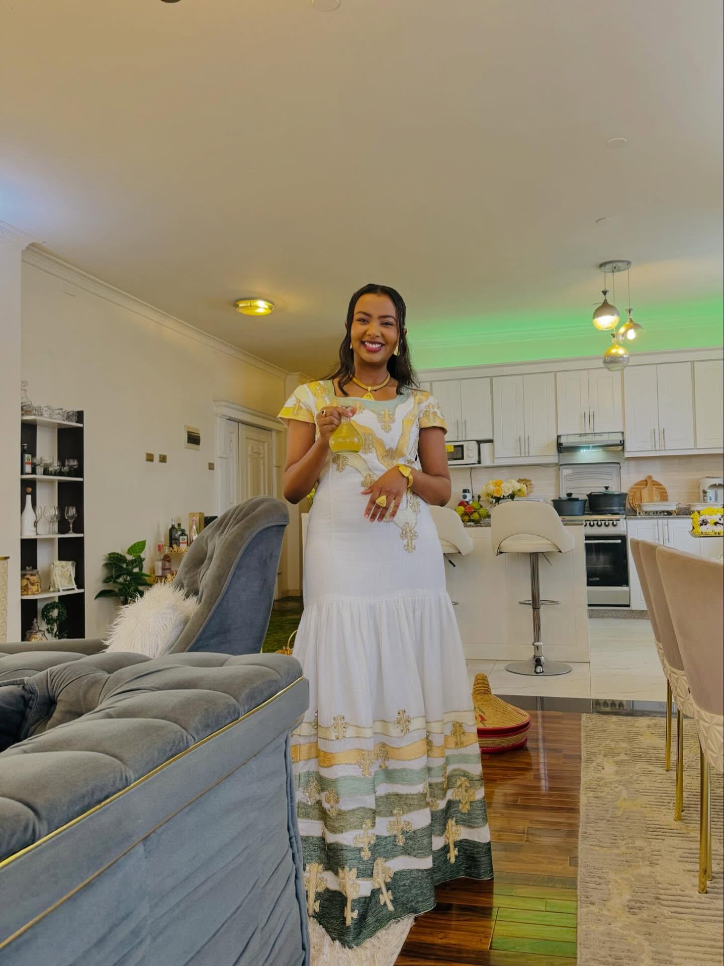 Ethiopian Traditional Dress with Green and Gold Design