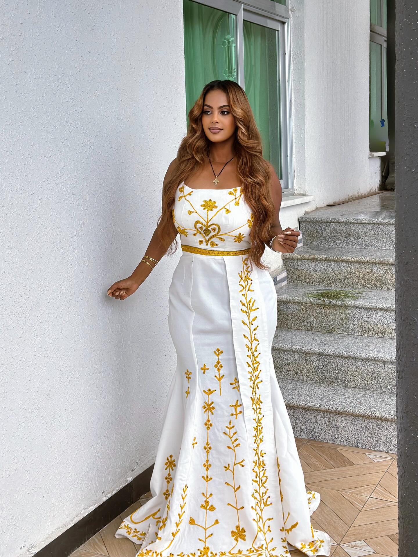 FINAN BEAUTIFUL WHITE HABESHA KEMIS | GOLDEN EMBROIDERY ETHIOPIAN CLOTHING | MINIMALIST HABESHA DRESS