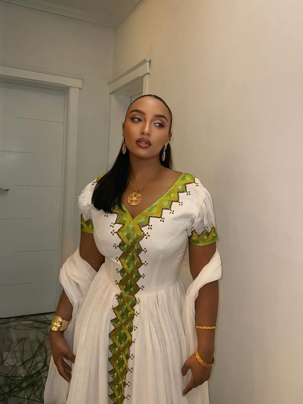 FIRTUNA GREEN AND WHITE HABESHA KEMIS | MODERN DESIGN HABESHA DRESS | ELEGANT ETHIOPIAN TRADITIONAL DRESS