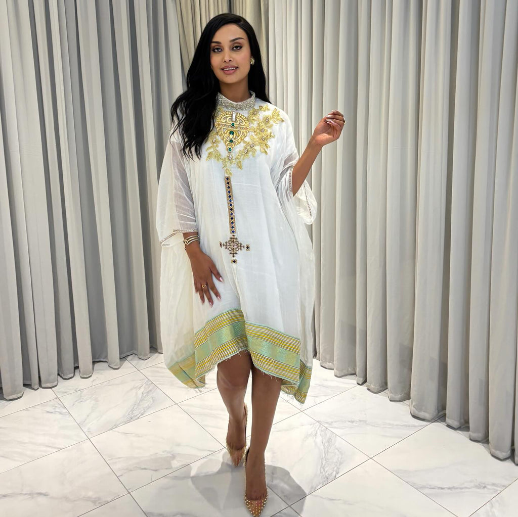 ESKEDAR ETHIOPIAN TRADITIONAL DRESS | GREEN EMBROIDERY HABESHA DRESS | SHORT STYLE HABESHA KEMIS